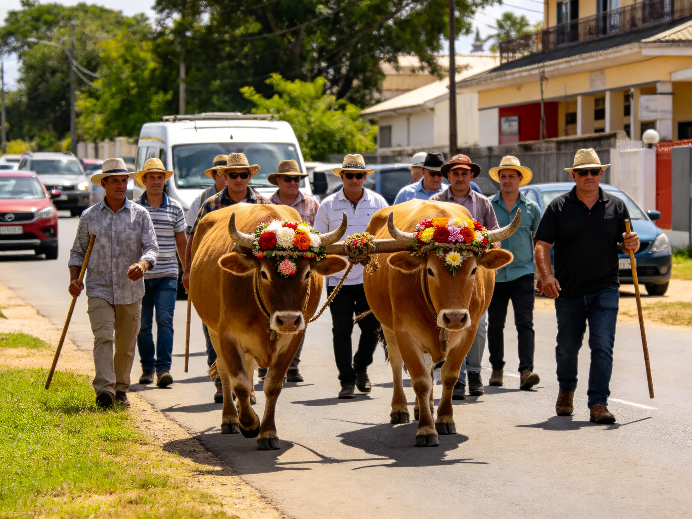 Two flower-crowned oxen led by men in straw hats along a sunny street