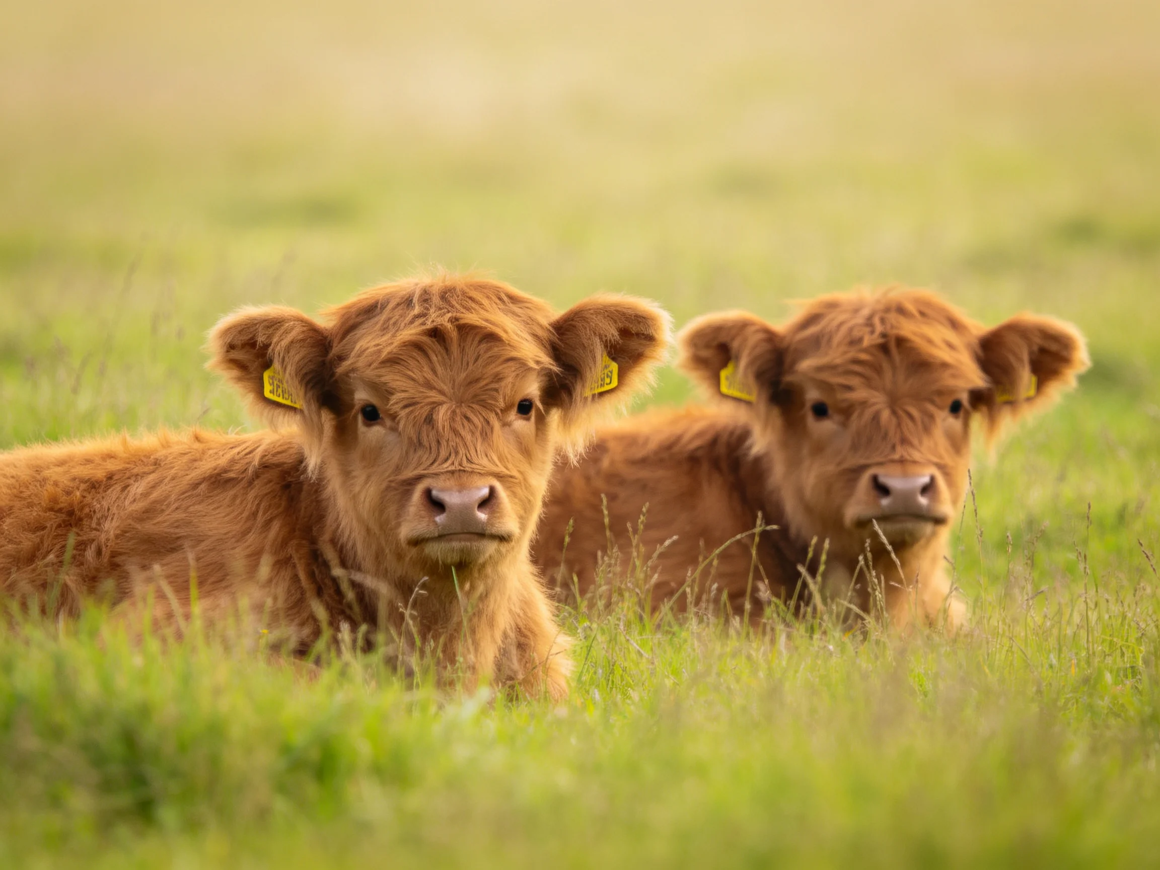 Two fluffy brown calves rest in a lush green meadow
