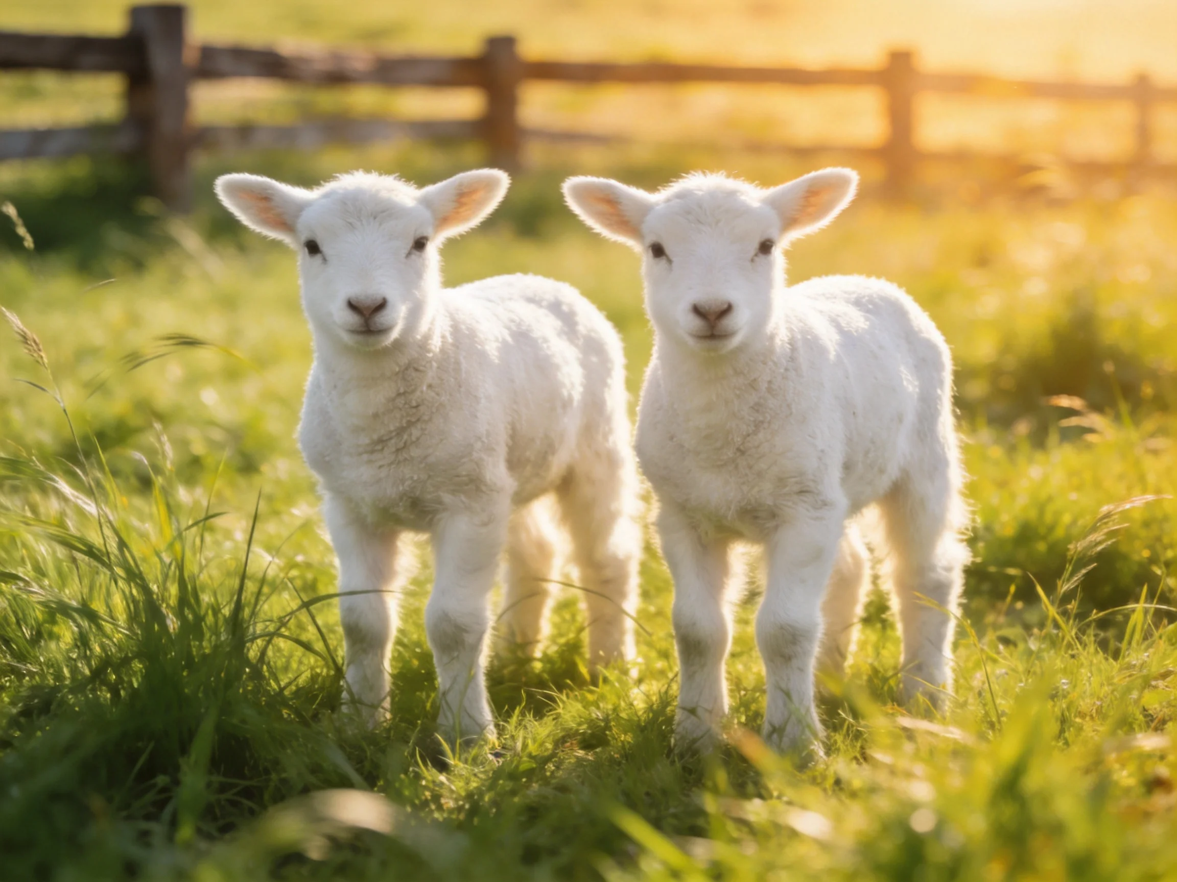 Two young lambs stand together in a sunlit green pasture near a wooden fence.