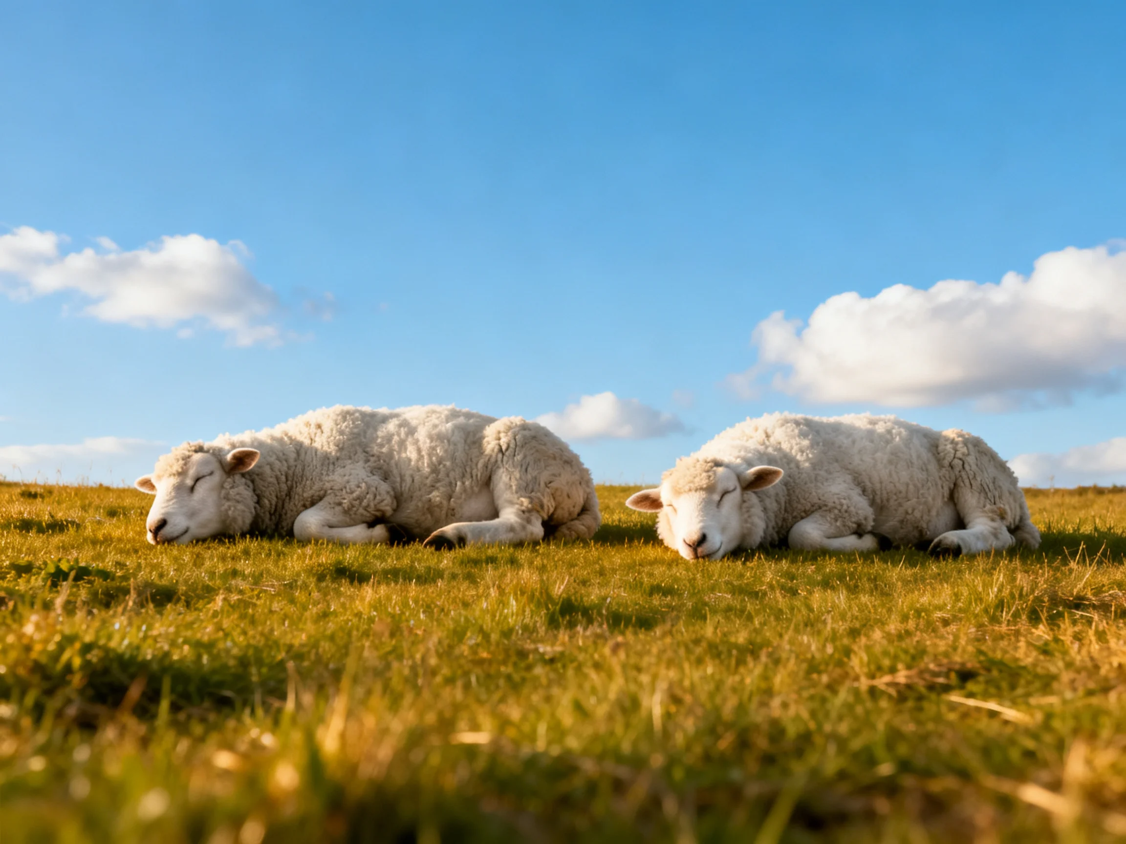 Two fluffy white lambs rest on golden-green grass beneath bright blue sky