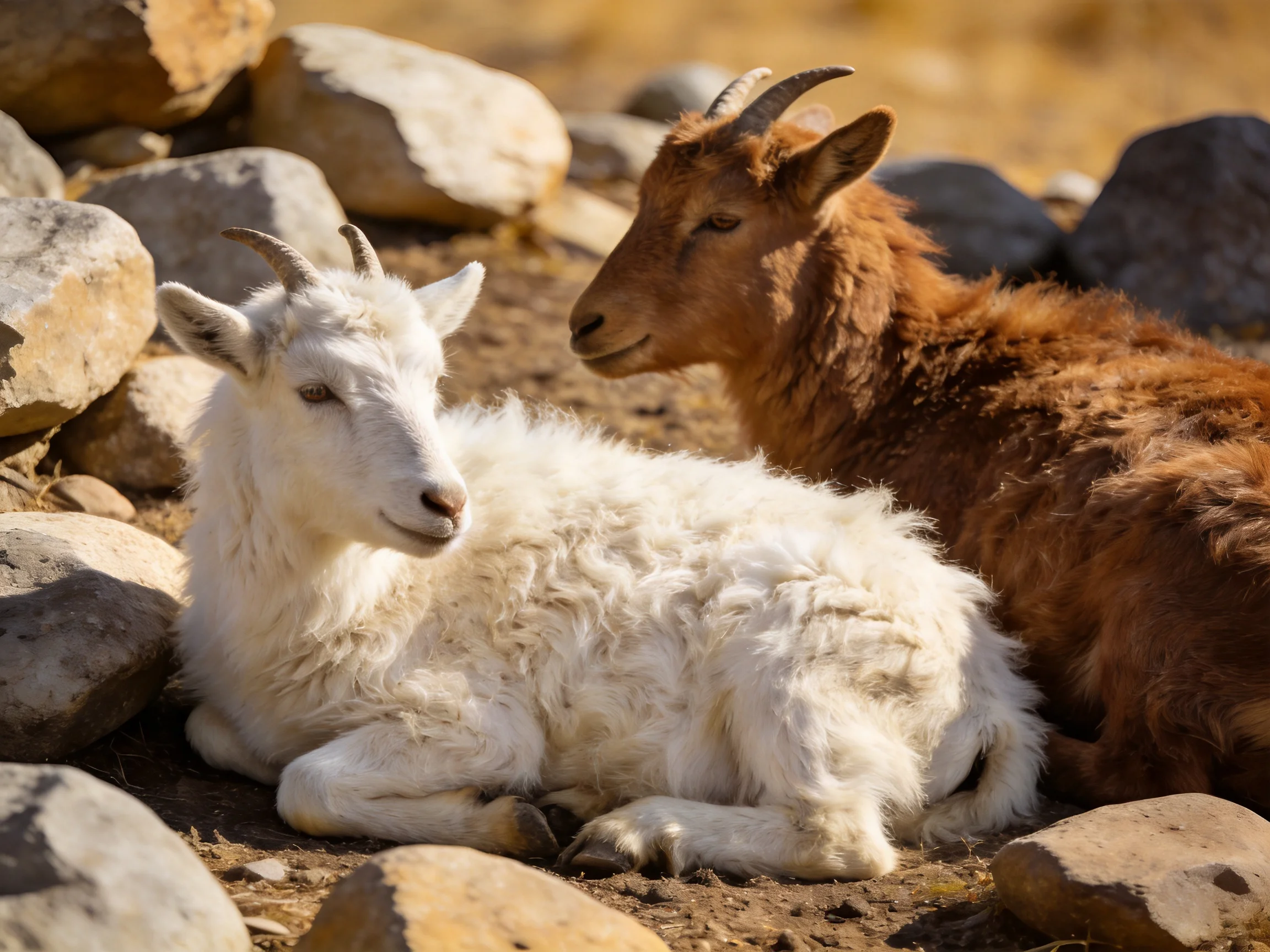 Two goats rest amid large rocks, one white, one brown