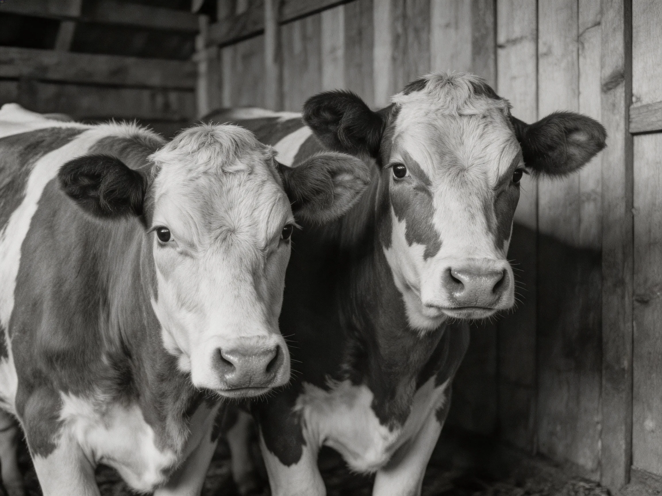 Two gray-patterned cows stand side by side near wooden panels