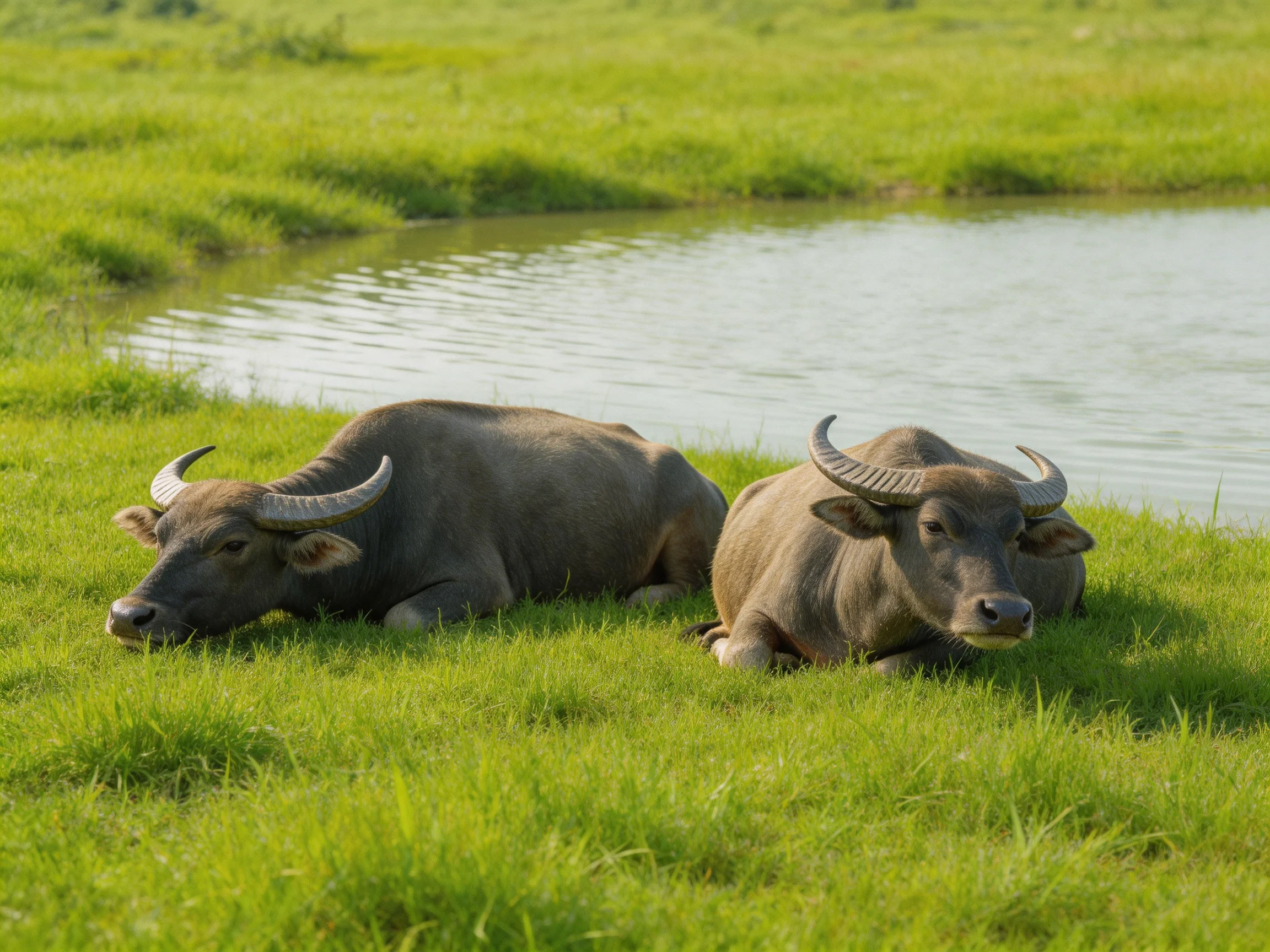 Two gray water buffalo rest on lush green grass beside a calm pond