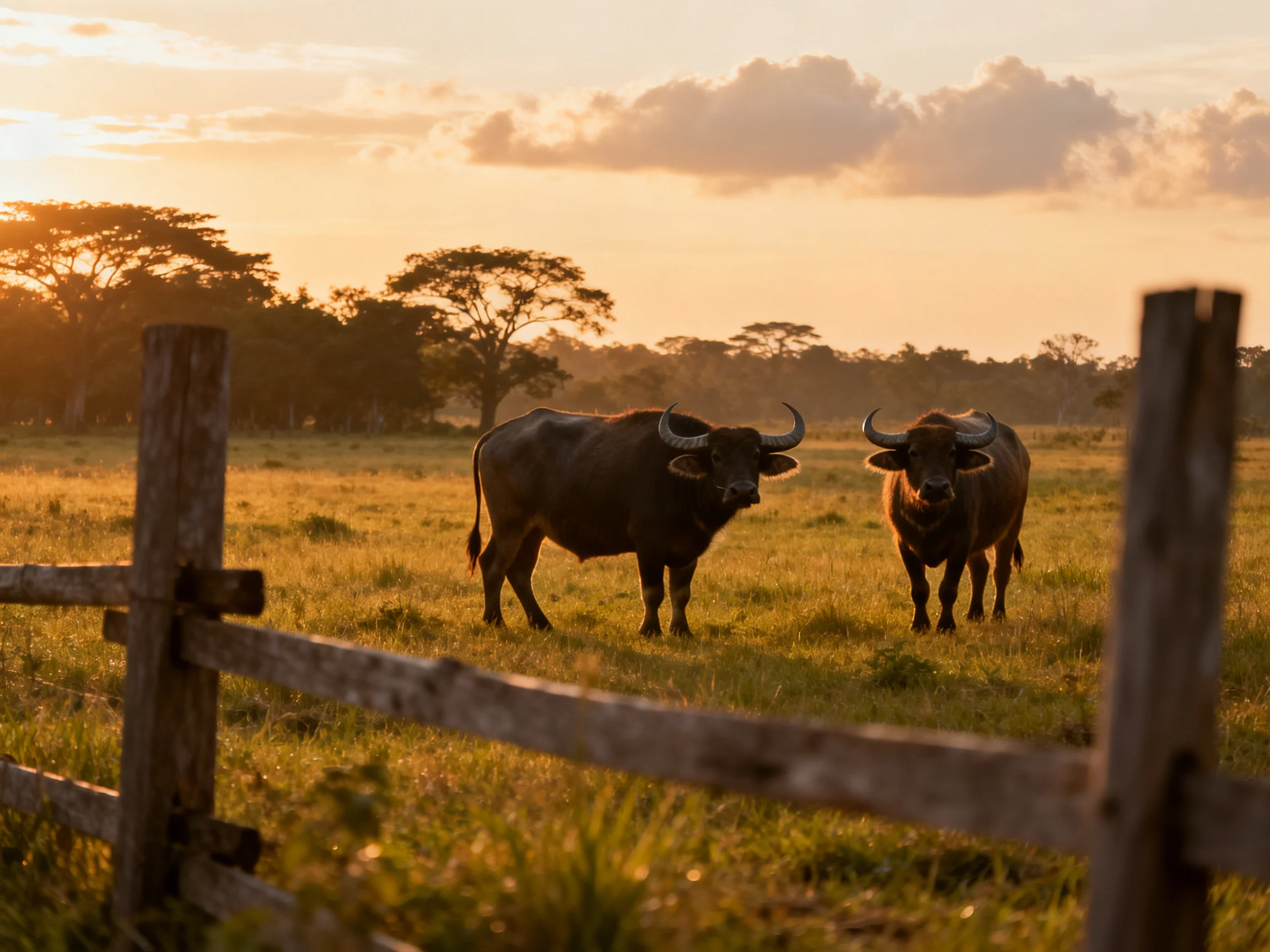 Two horned buffalo in a golden field with a weathered wooden fence at sunset