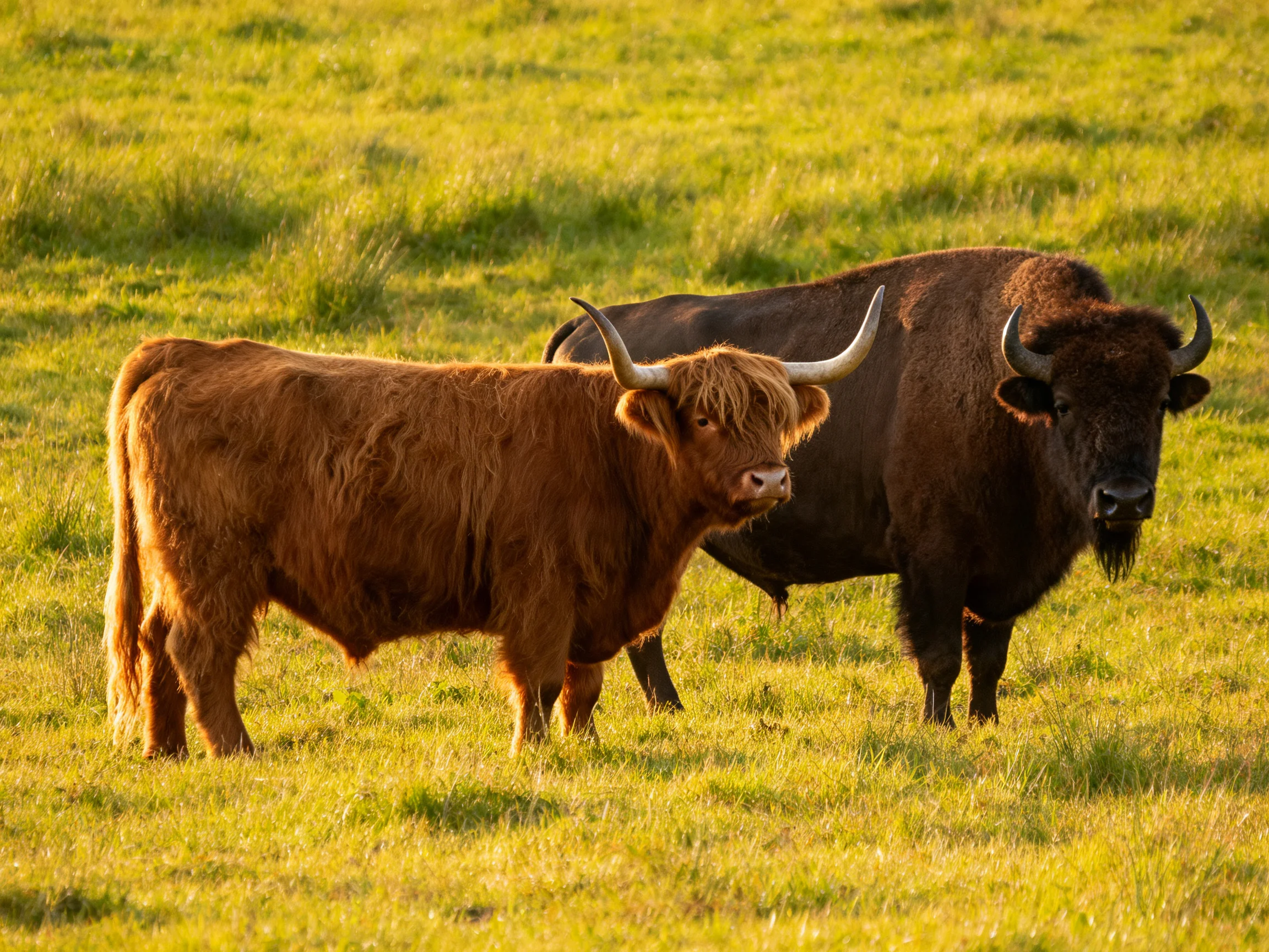 Two horned cattle, brown and dark brown, graze in a sunlit meadow