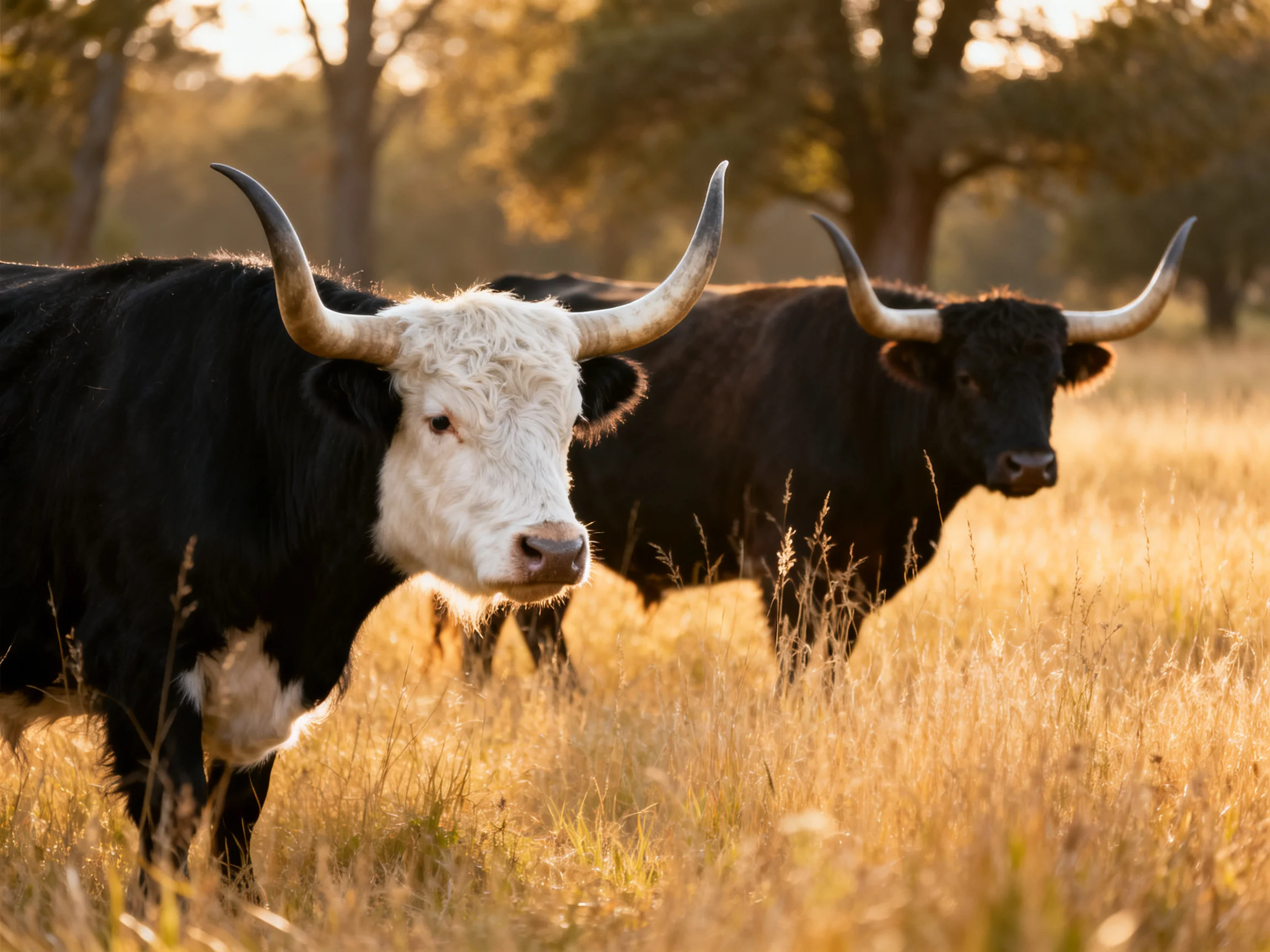 Two horned cattle, one black and white, one solid black, in a golden field