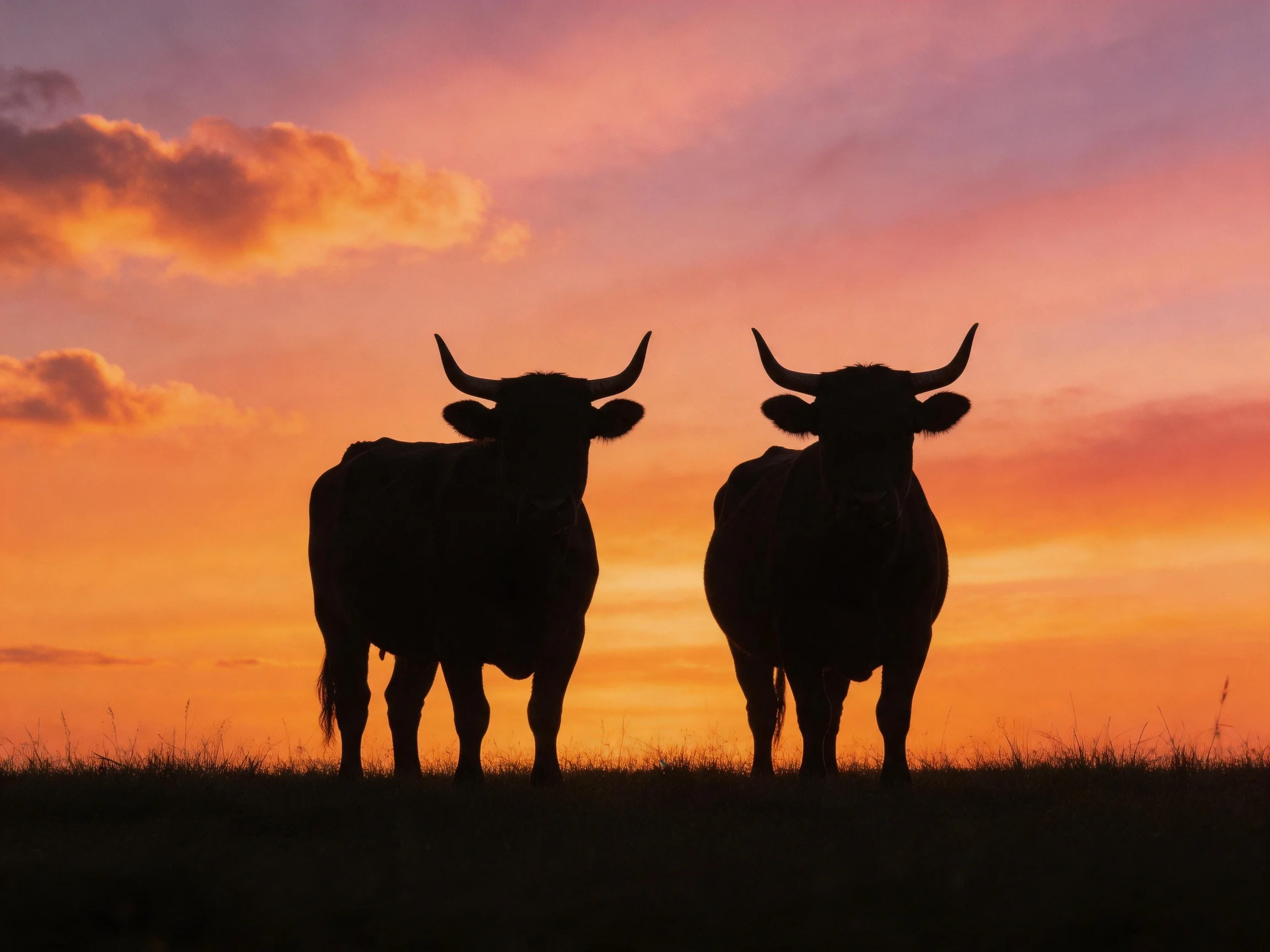 Two horned cattle silhouetted against a vibrant sunset sky