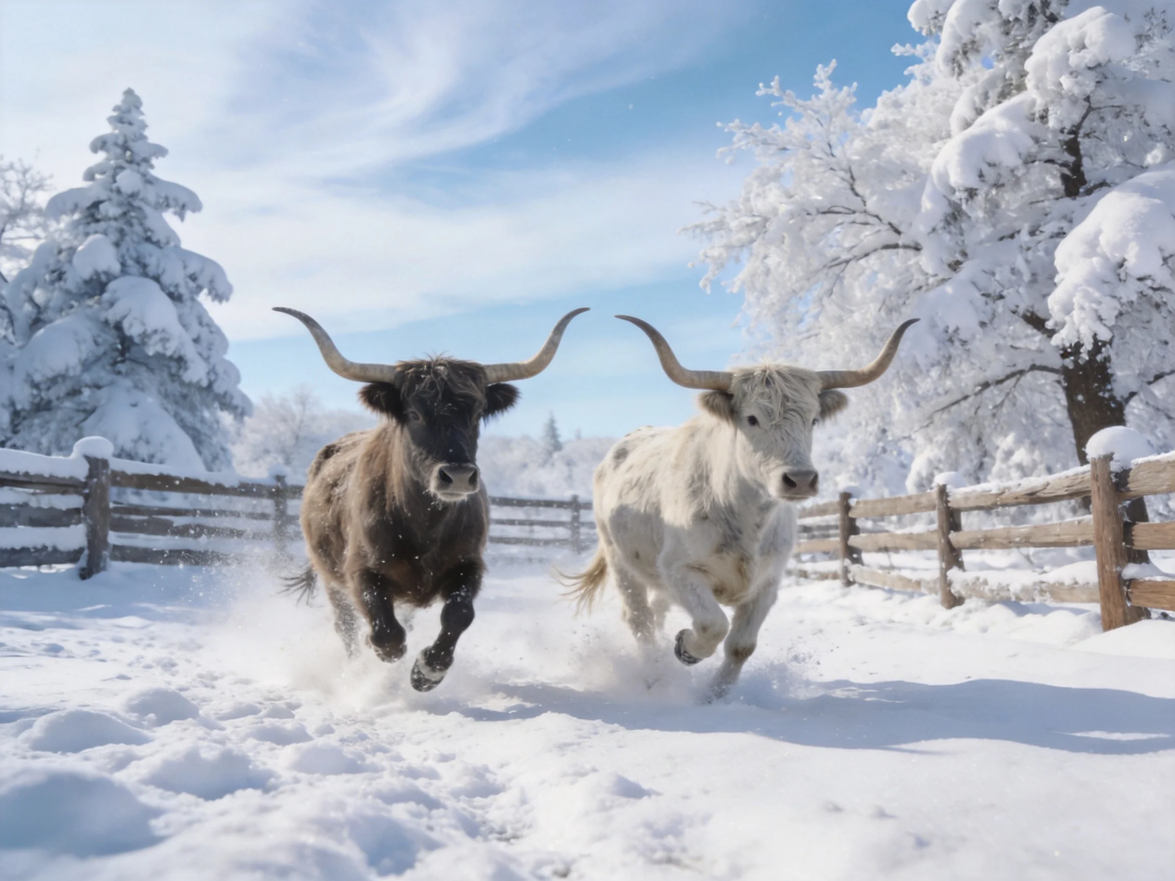 Two horned cattle sprint through a snow-draped rural path