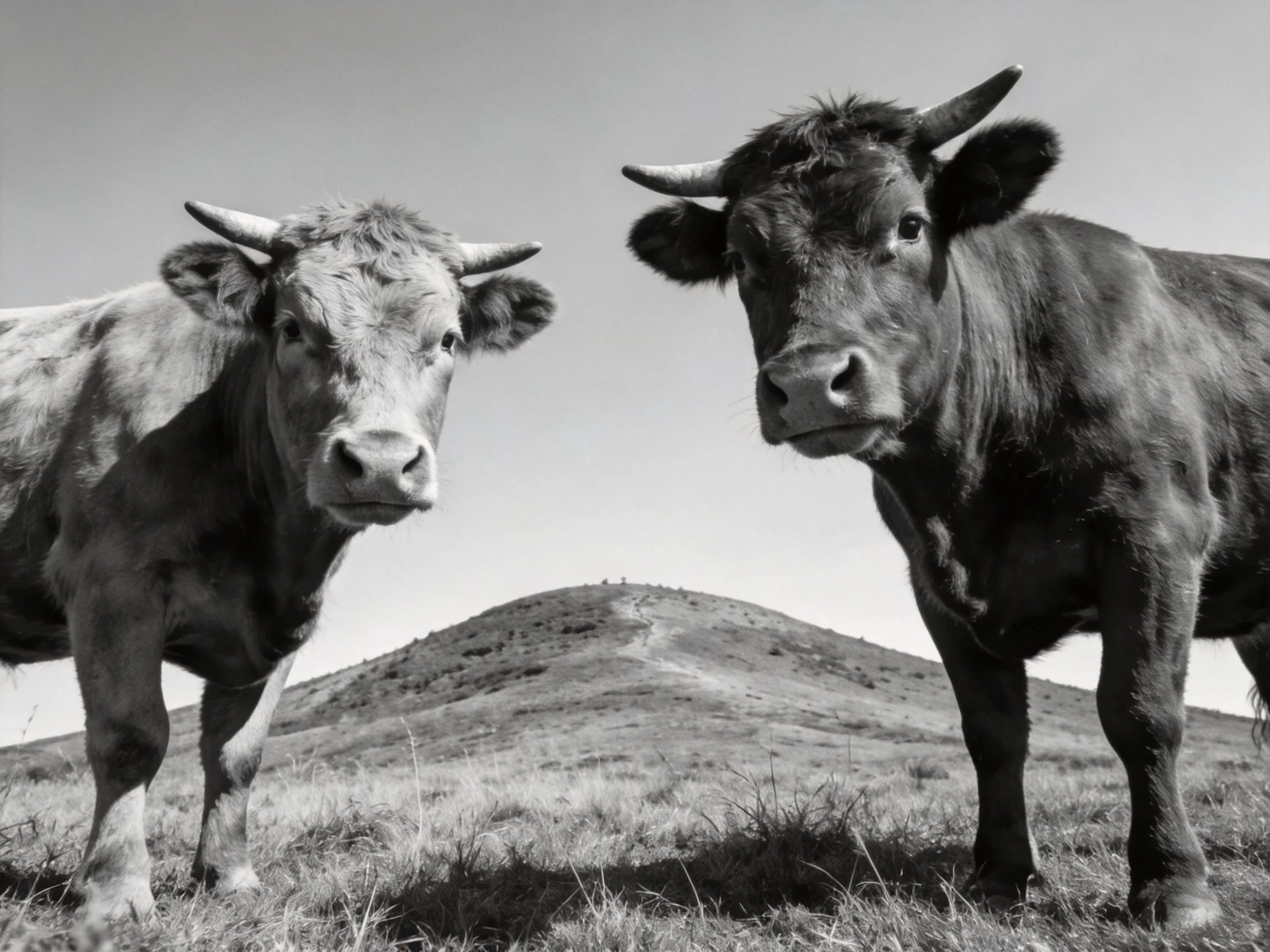 Two horned cattle stand before a grassy hill under clear sky