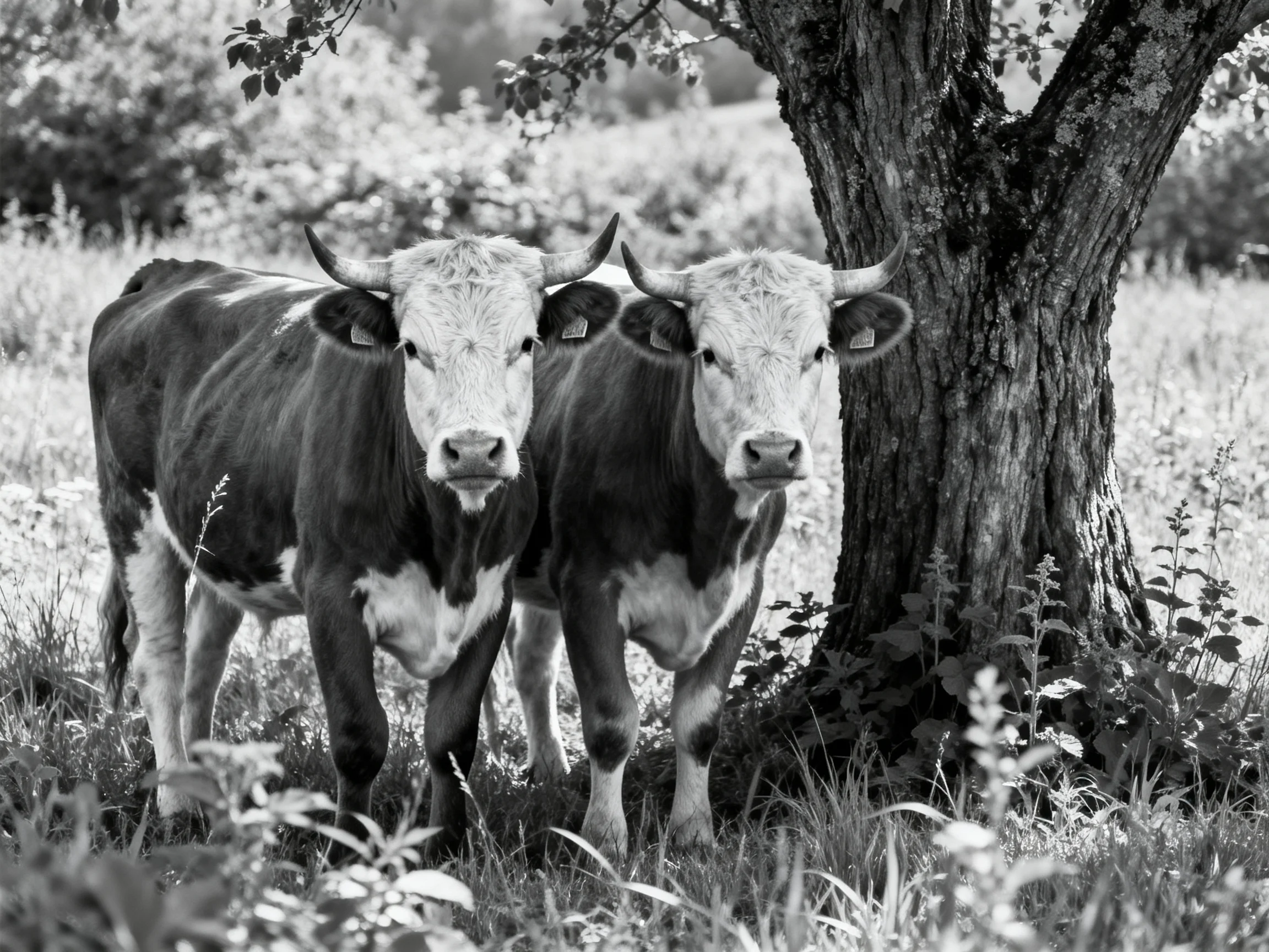 Two horned cattle stand beside a gnarled tree in a grassy meadow