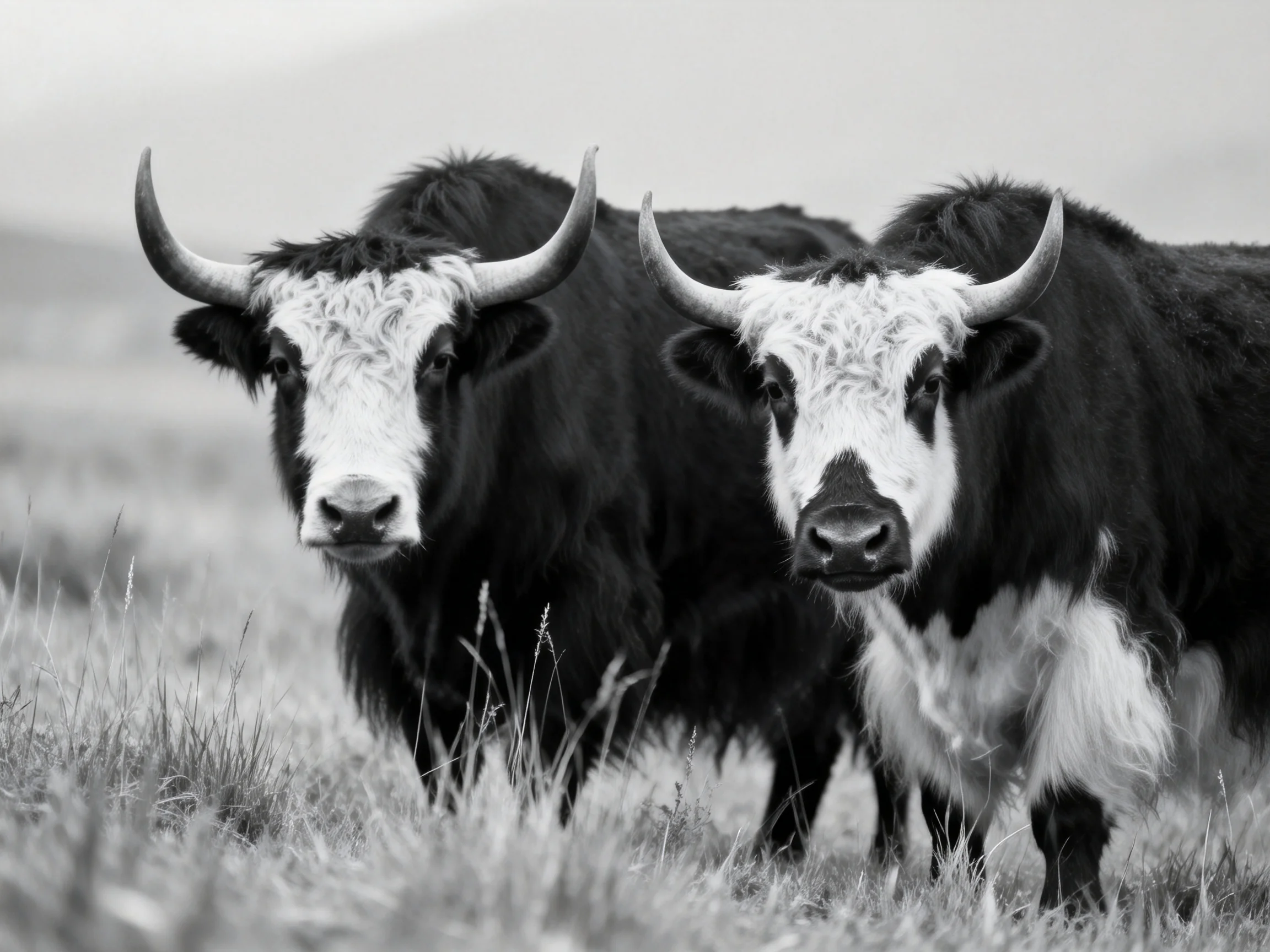 Two horned cattle with dark coats and light faces in a grassy field