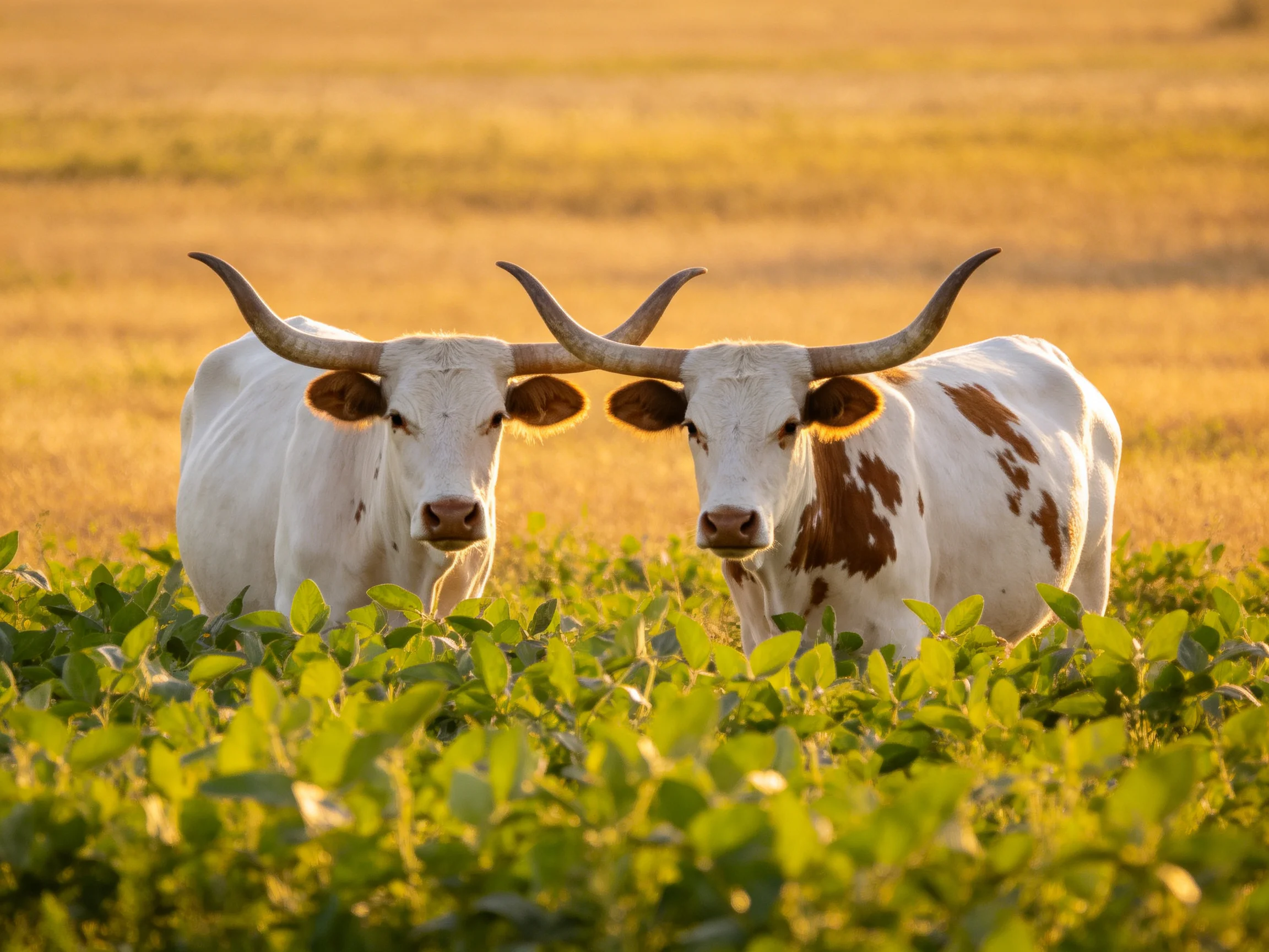 Two horned cattle with long horns among lush greenery in a golden field