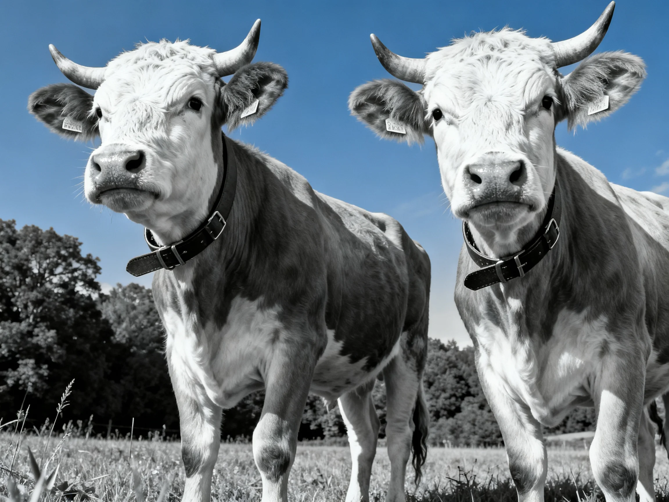 Two horned cows with collars stand in a sunlit pasture