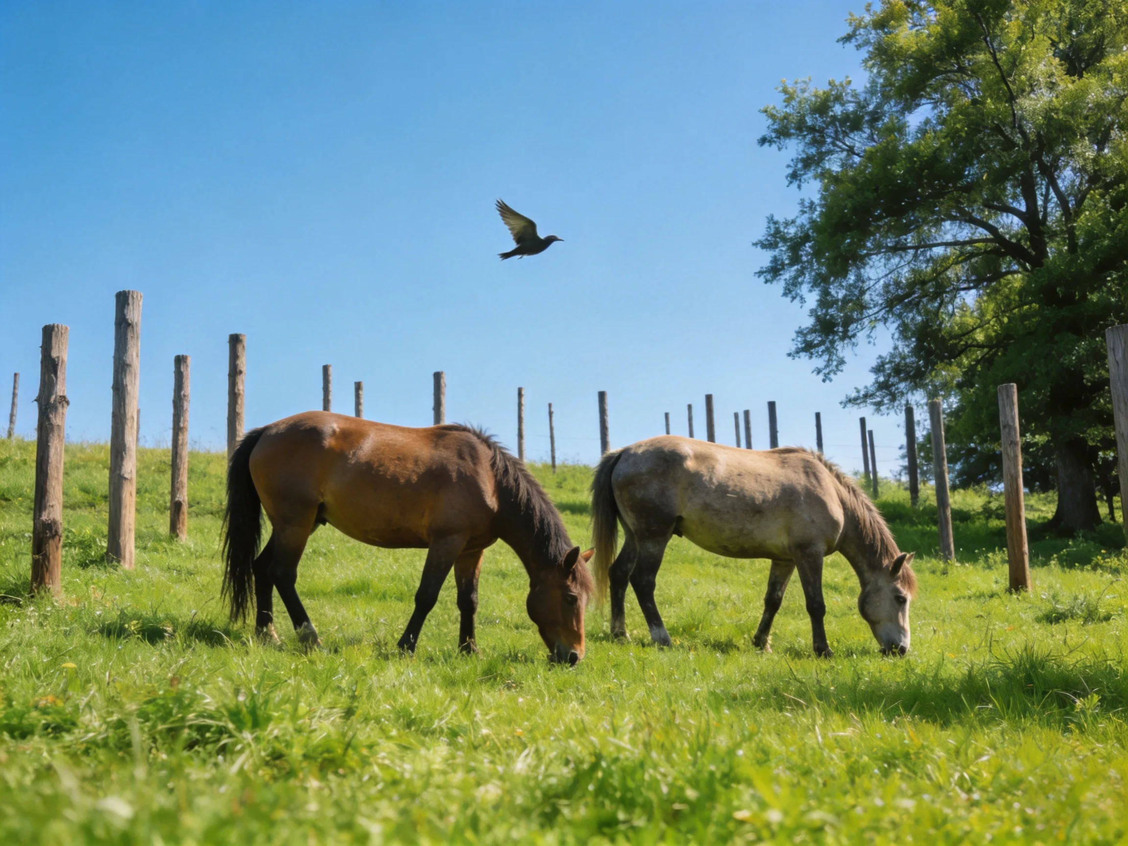 Two horses graze in a lush green pasture with wooden posts and a large tree