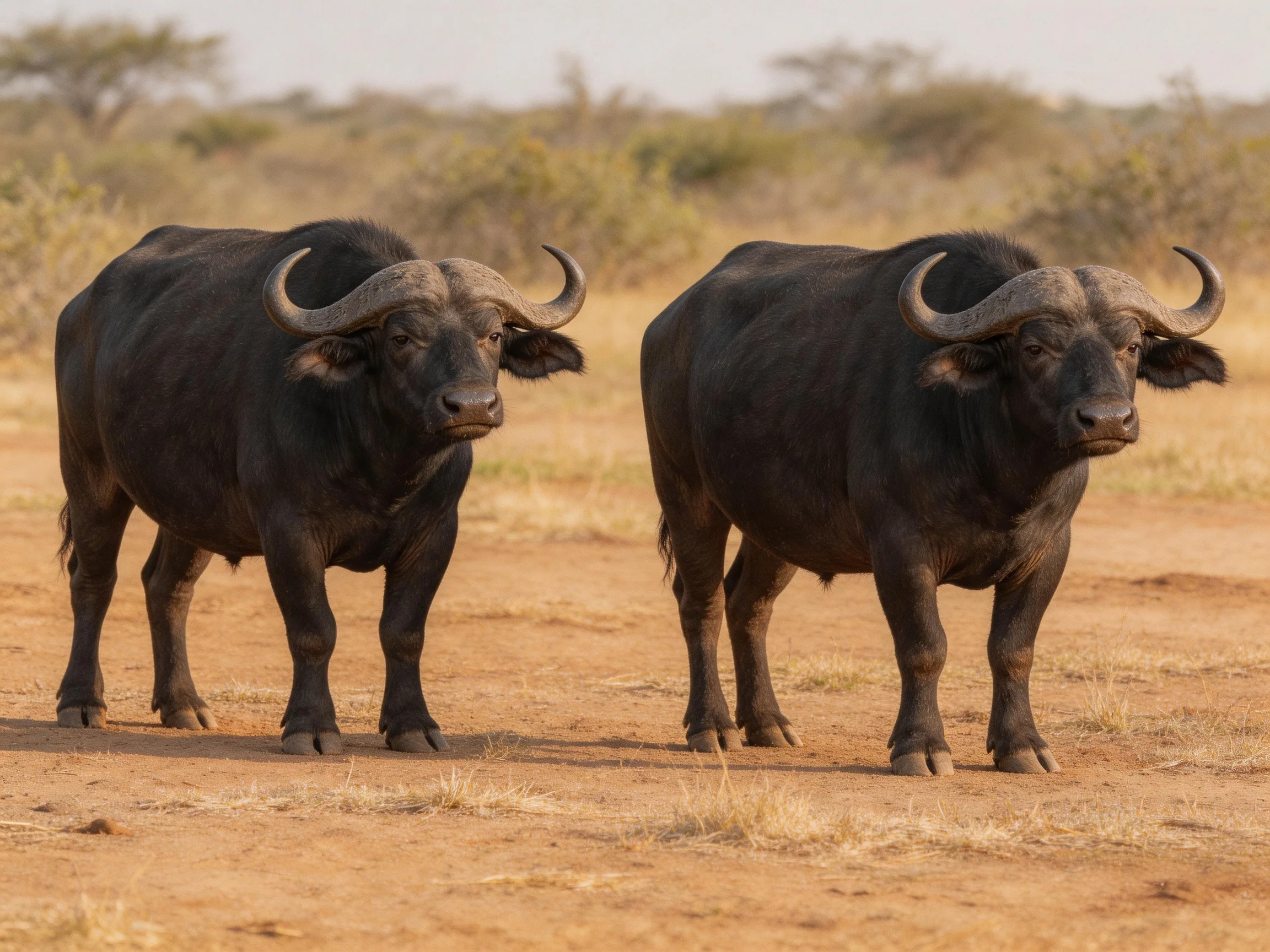 Two large black buffaloes on a dusty savannah landscape