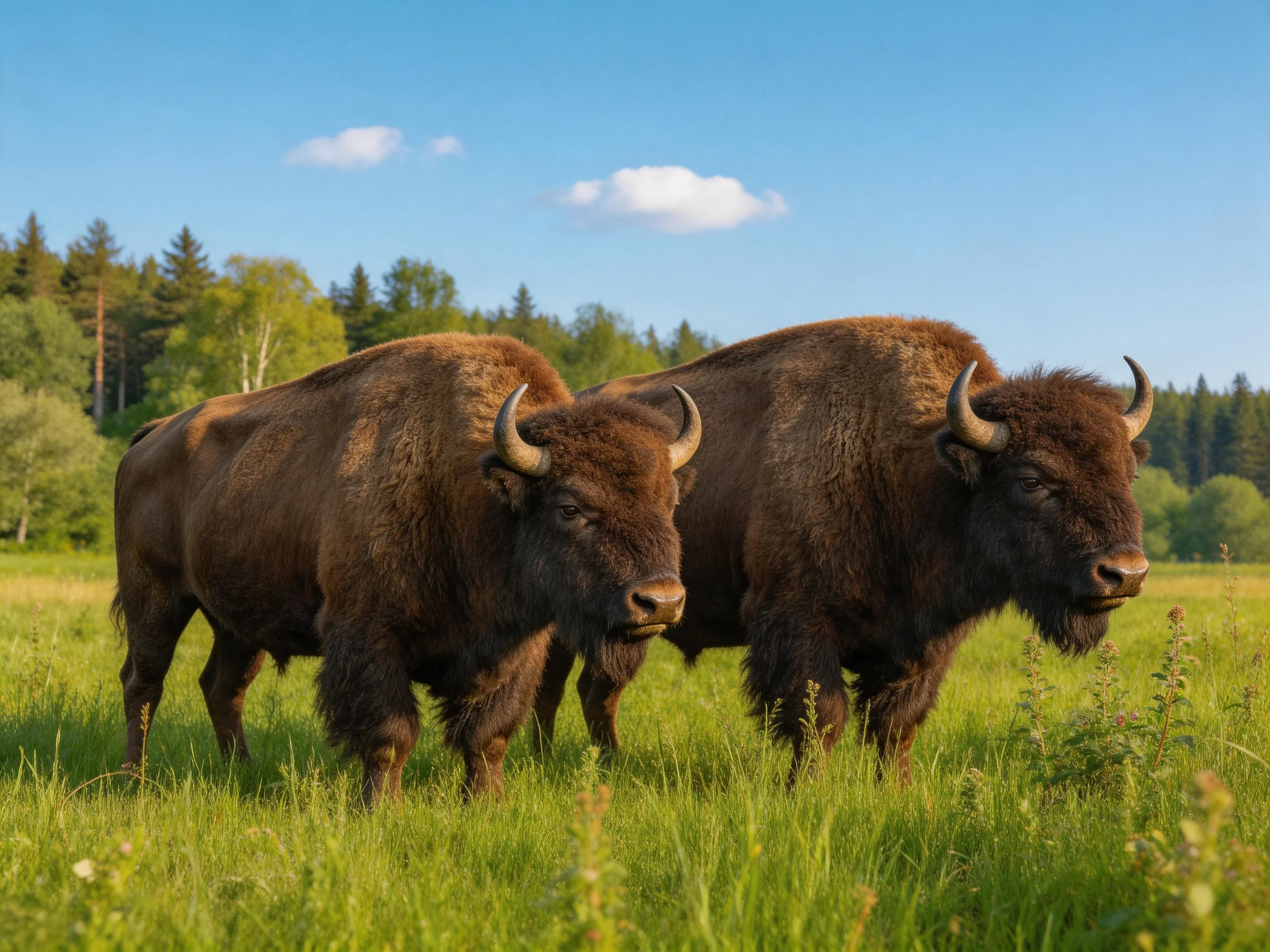 Two large brown bisons roam a sunlit green meadow with forest backdrop