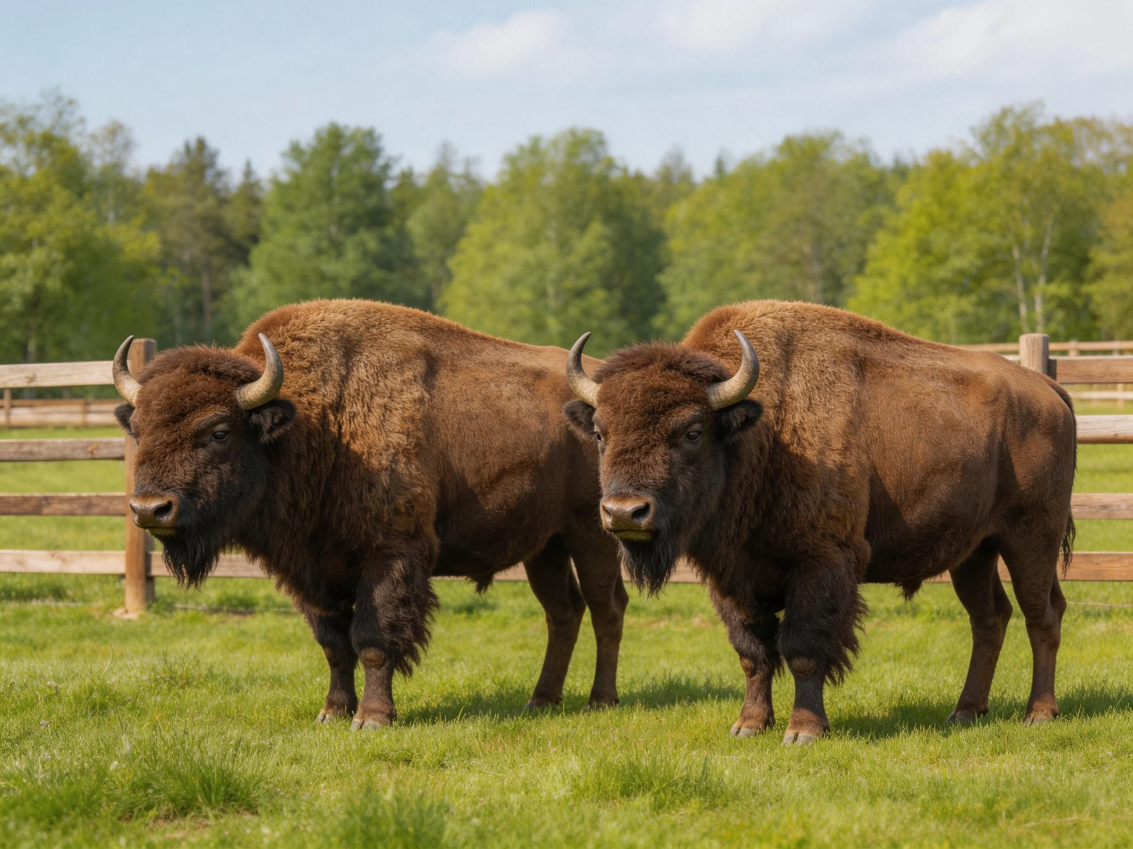 Two large brown bisons stand in a green pasture with wooden fencing