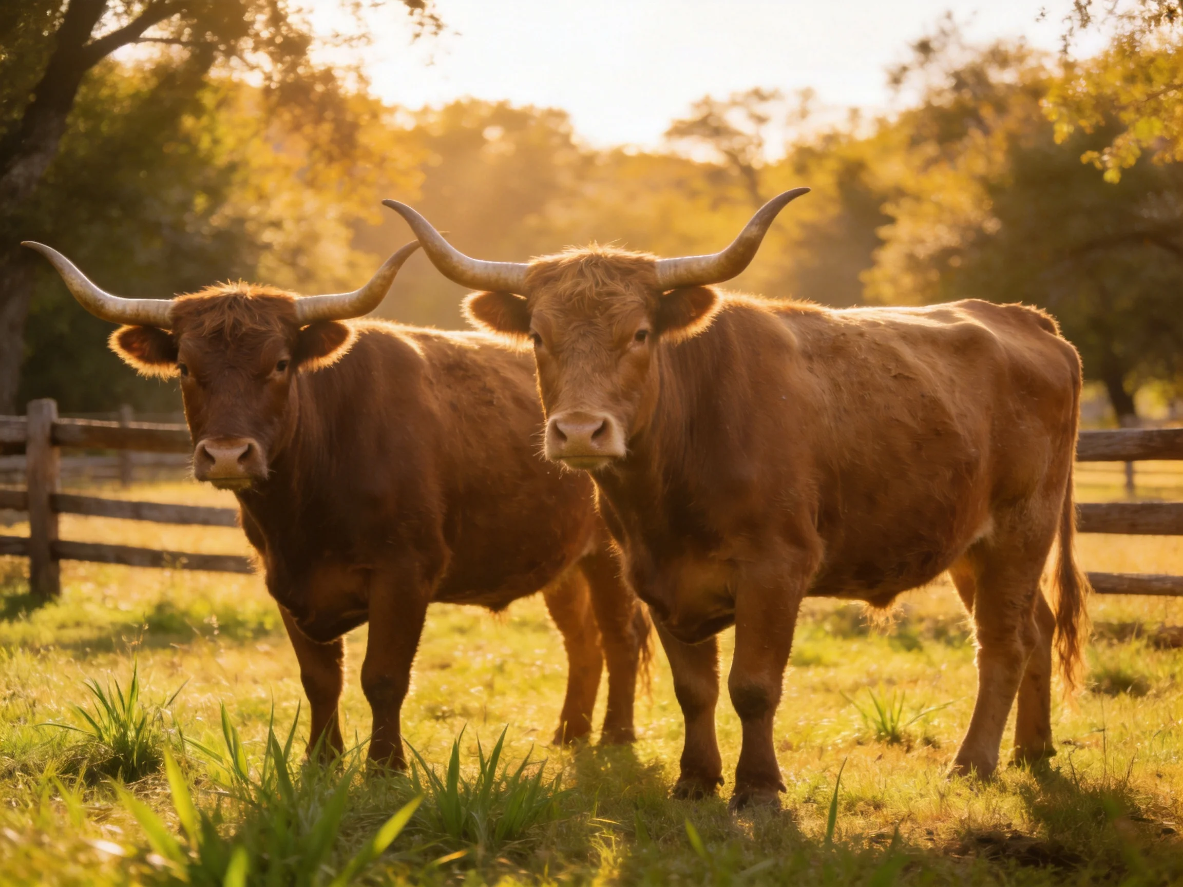 Two large brown horned cattle stand in a sunlit pasture