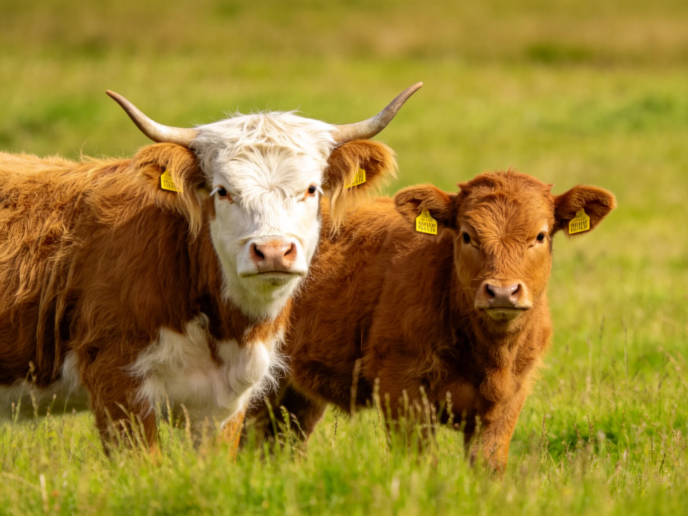 Two long-haired cattle, one white and brown, one reddish - brown, stand in a green pasture