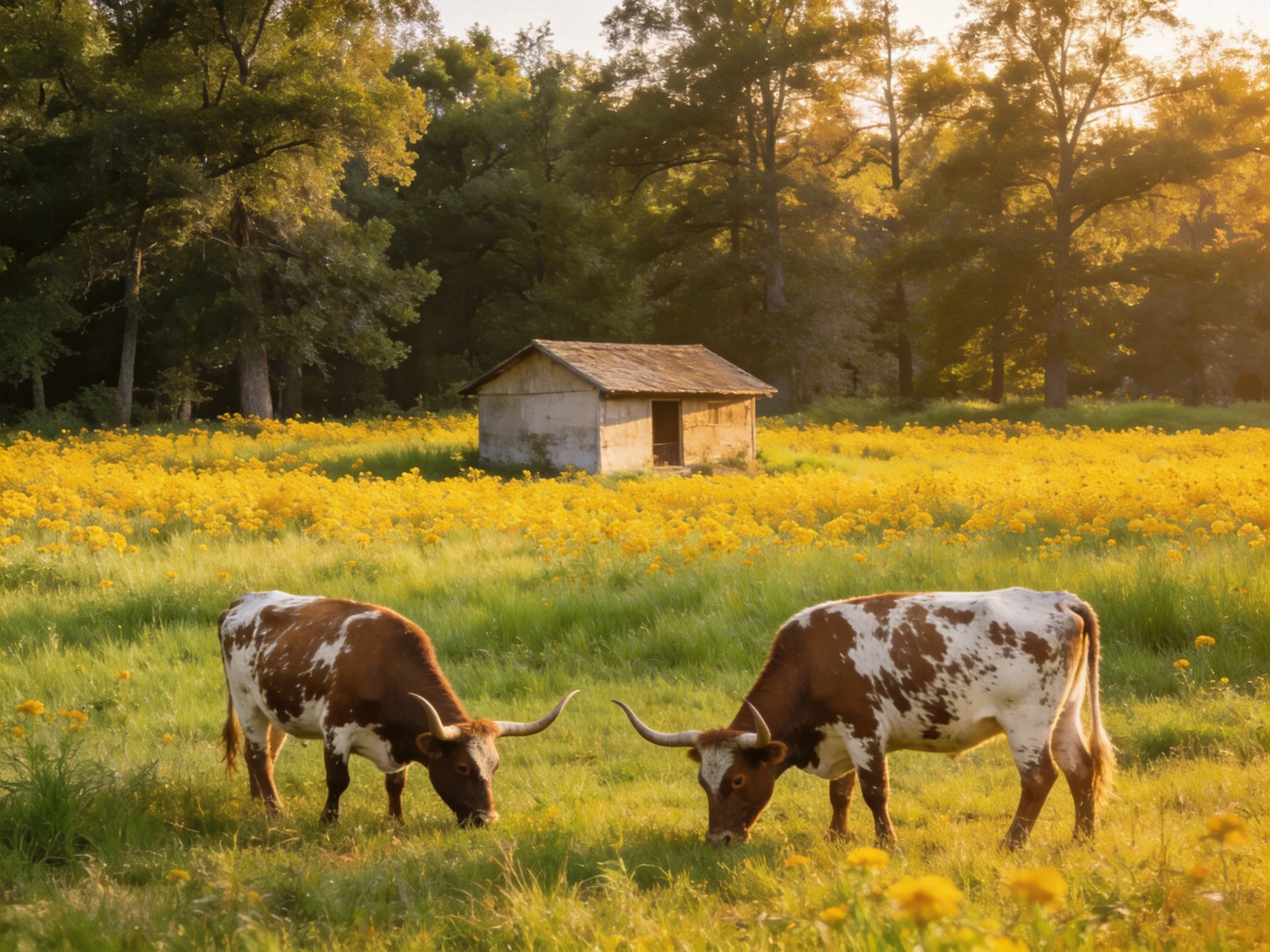 Two longhorn cattle graze in a field of golden wildflowers near an old shed.