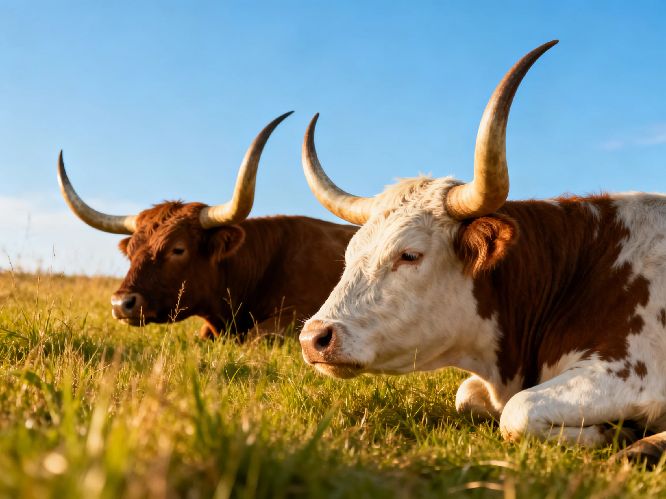 Two longhorn cattle rest in a sunlit green pasture