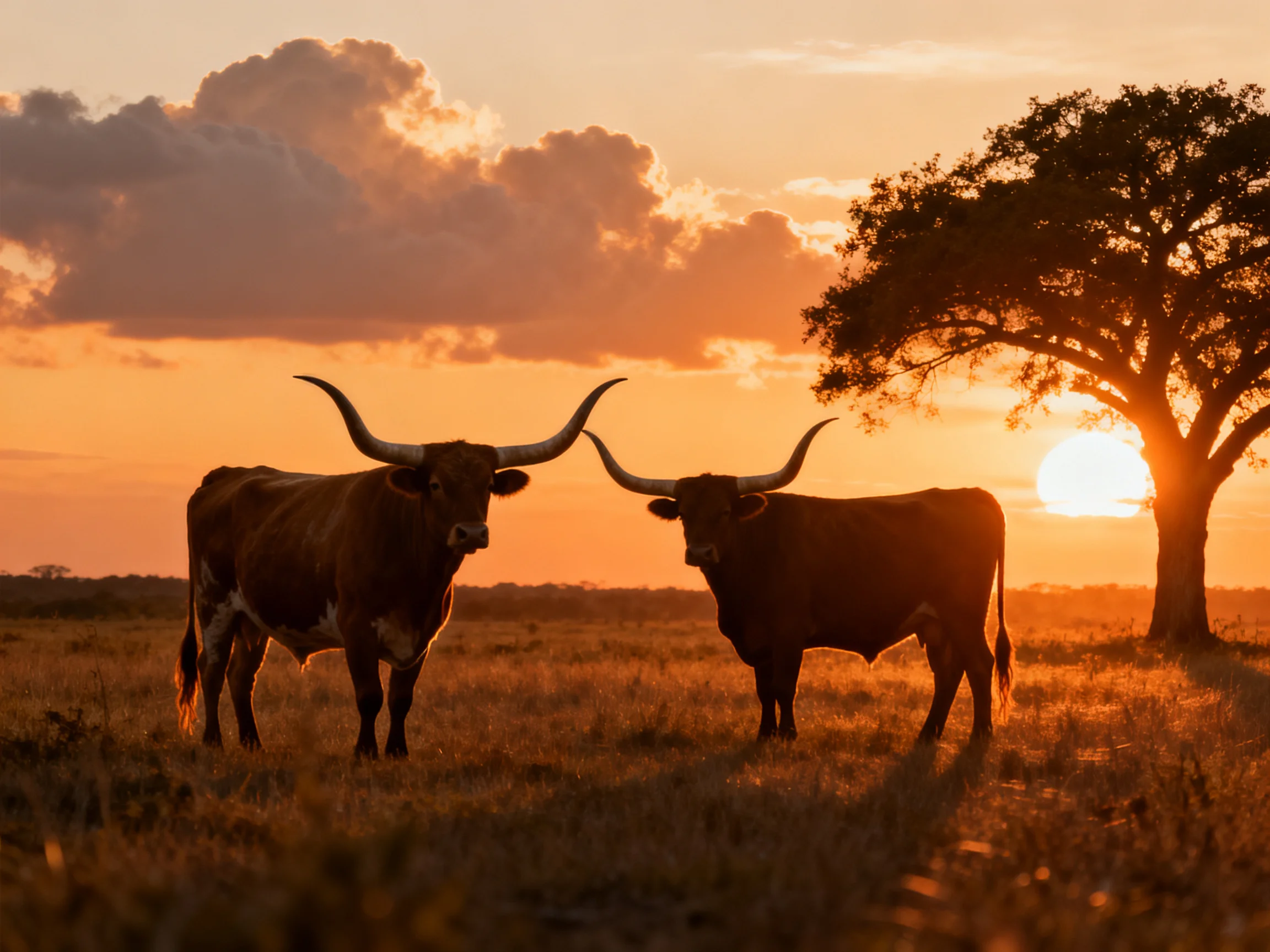 Two longhorn cattle stand in a golden field at sunset near a tree