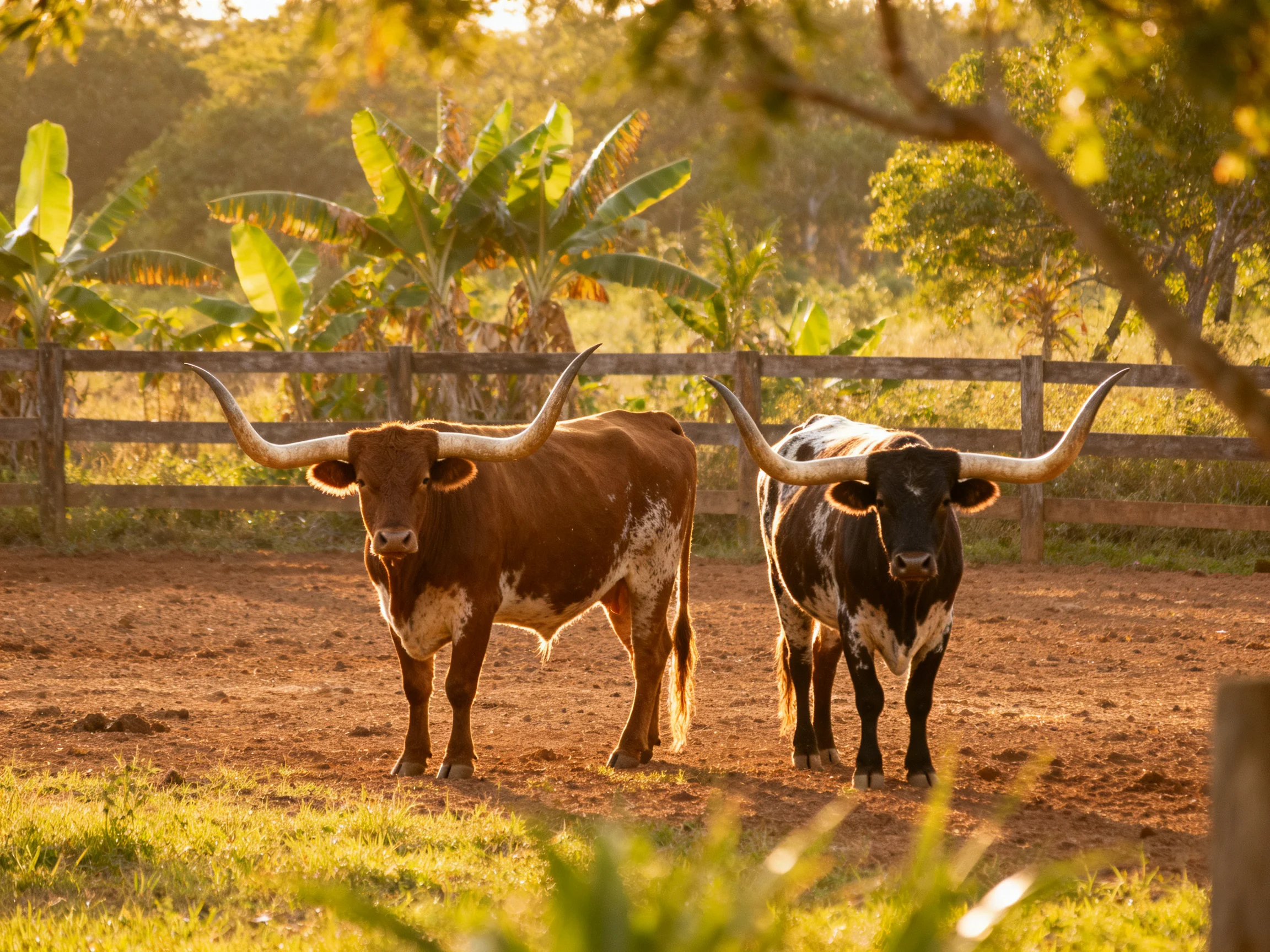Two longhorn cattle stand in a sunlit fenced enclosure near banana plants
