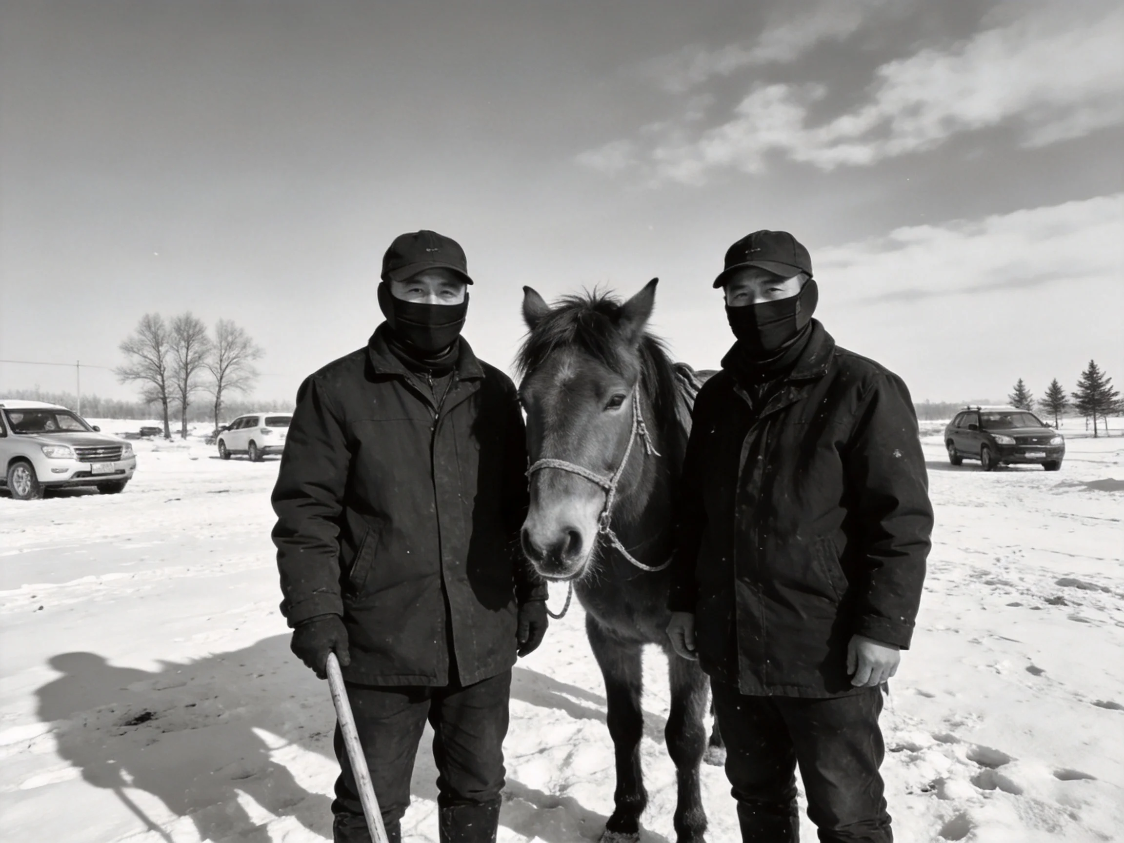 Two masked individuals stand beside a horse in a snowy outdoor setting.