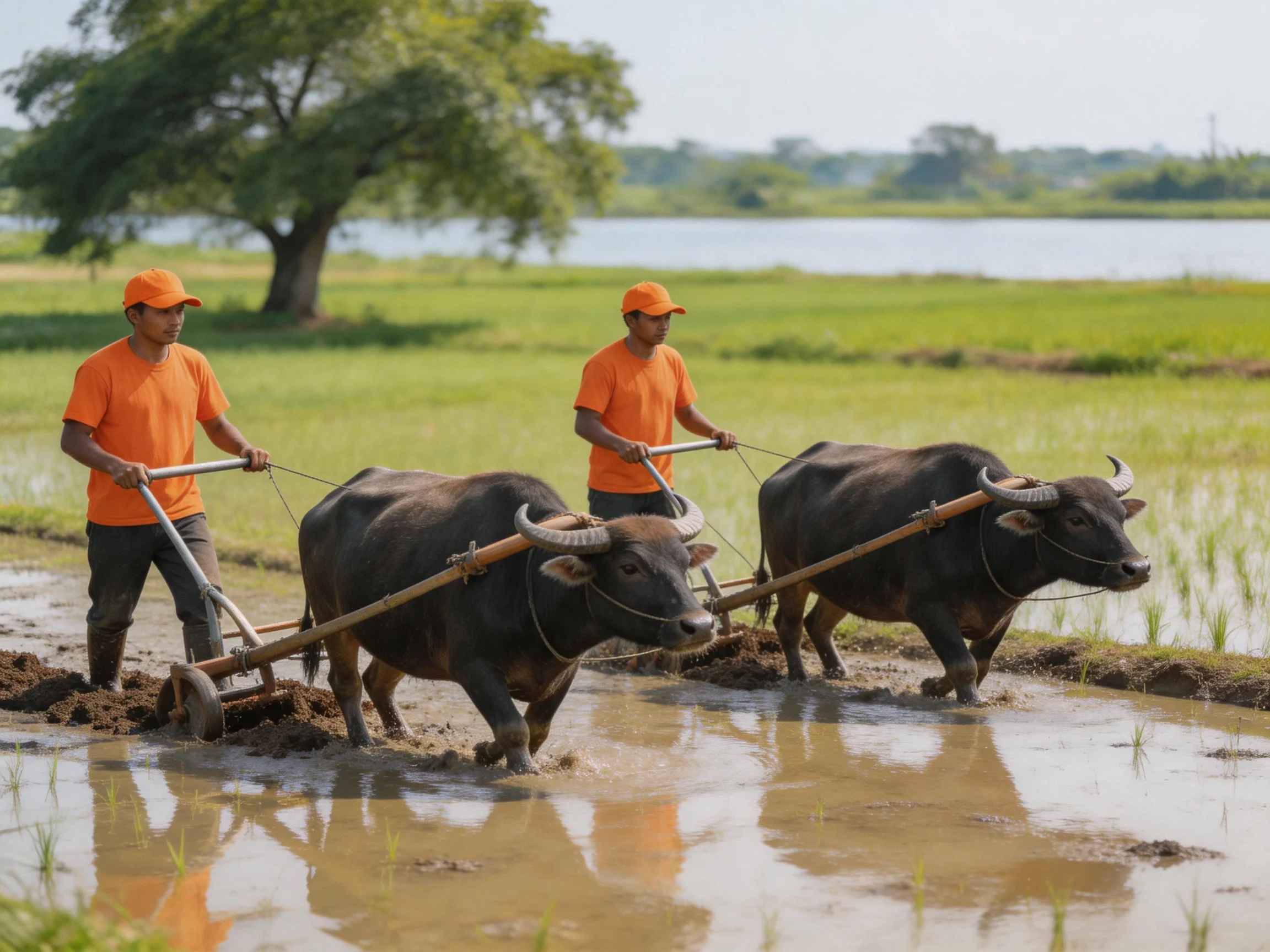 Two men in orange shirts plowing a flooded rice field with water buffalo