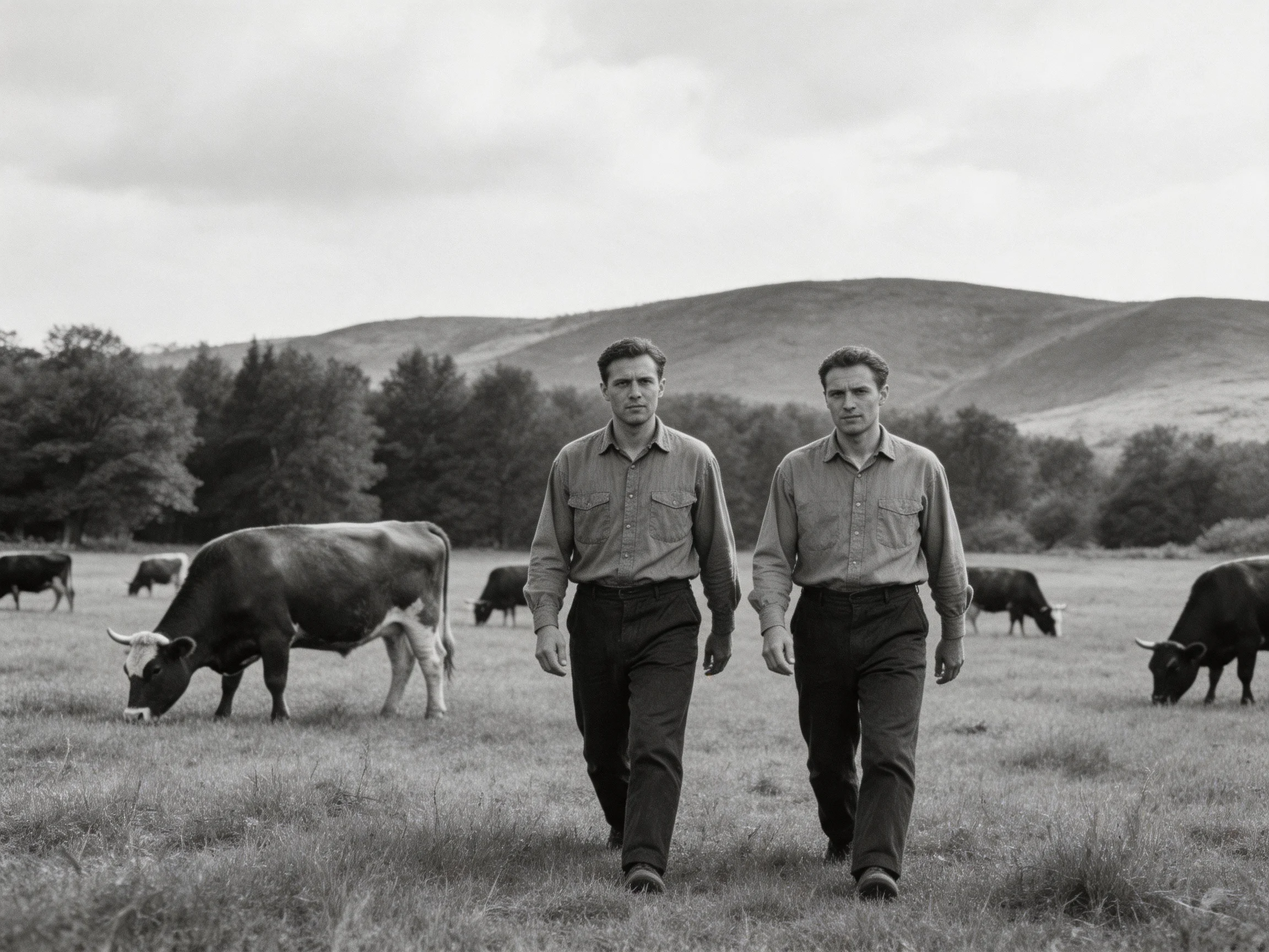 Two men walk through a rural pasture with grazing cattle and rolling hills
