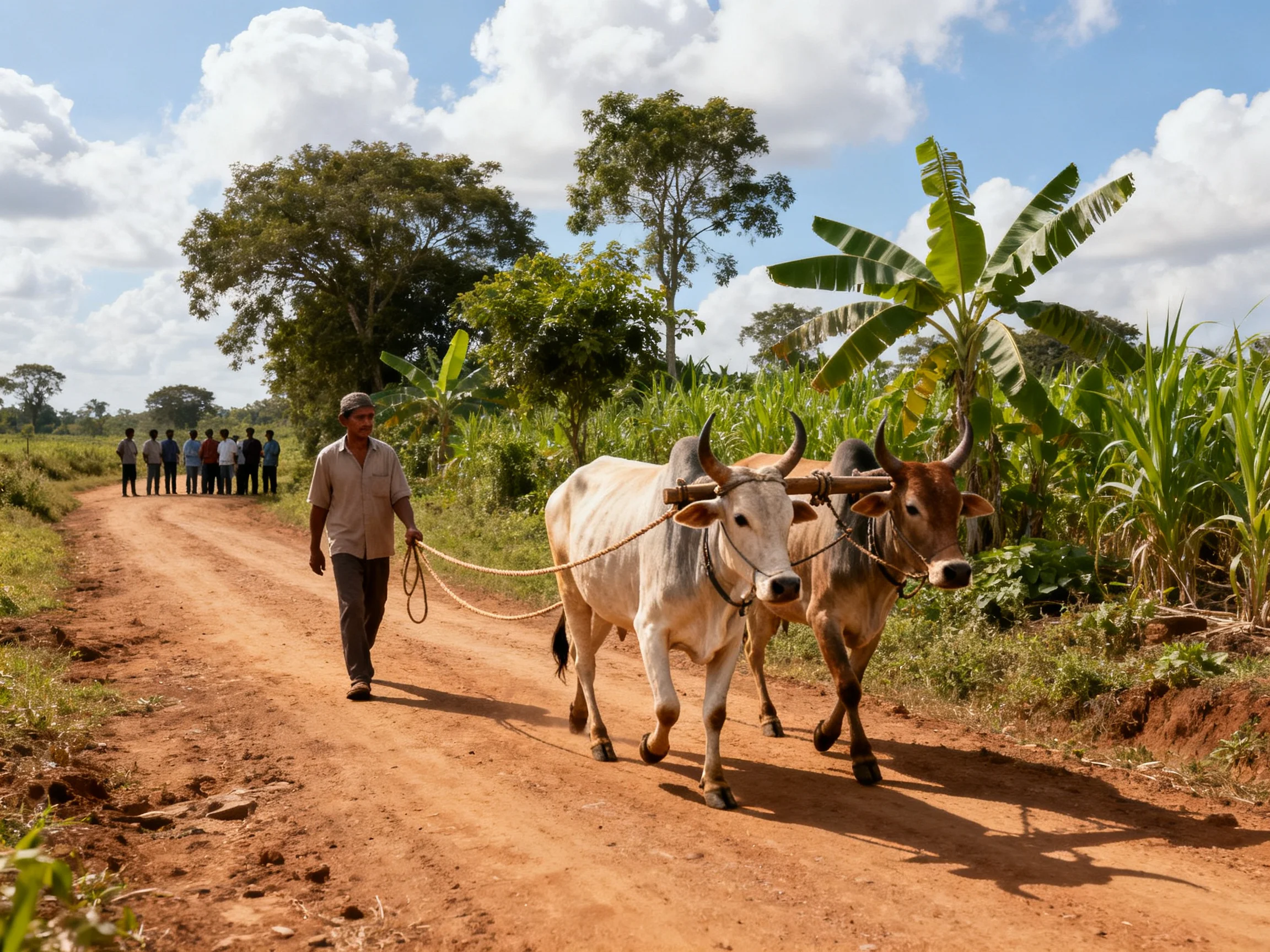 Two oxen pull a farmer along a dusty rural road with onlookers