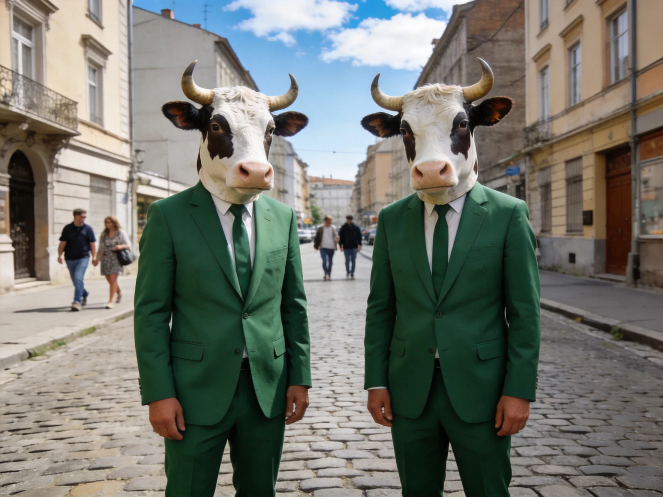 Two people in green suits wear cow masks on a cobblestone street
