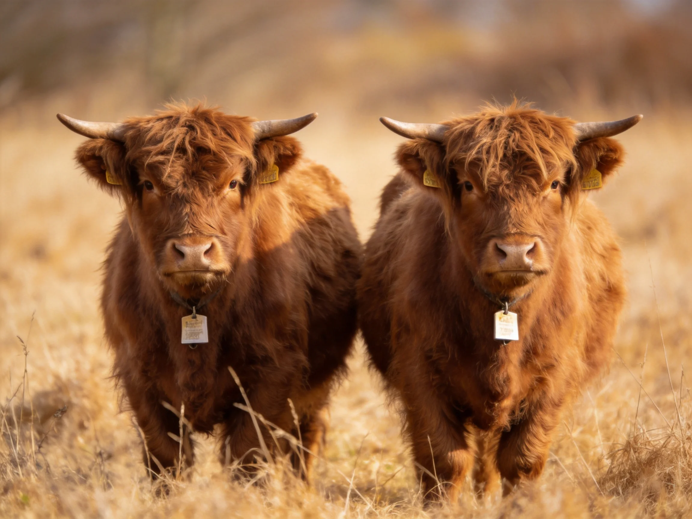 Two reddish-brown Highland cattle stand together in a golden grassy field
