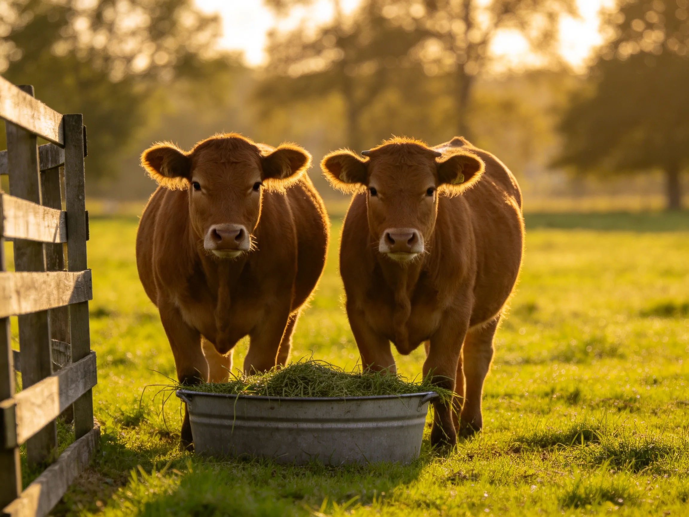 Two reddish-brown calves gather by a metal trough of hay in a sunlit pasture