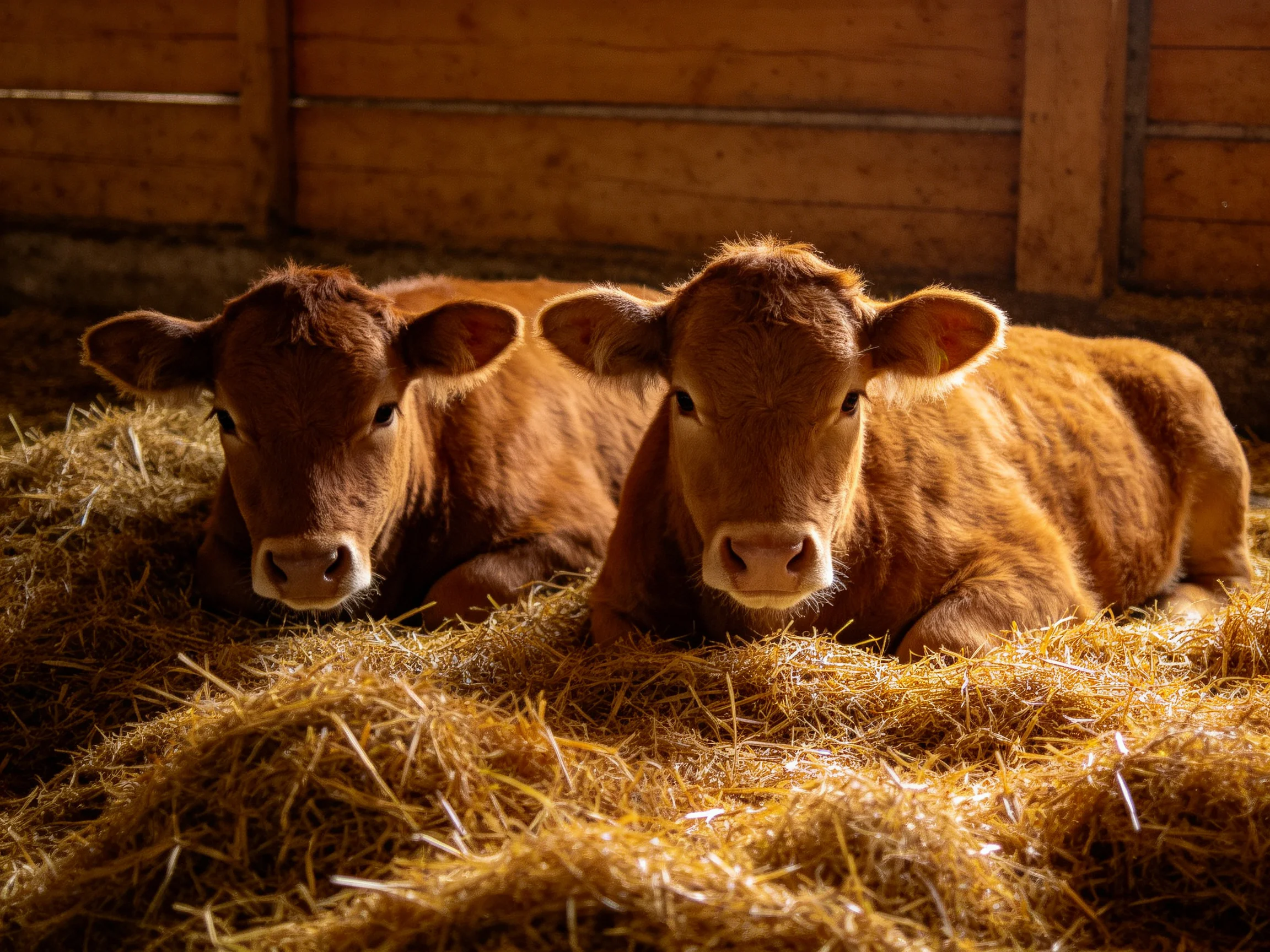 Two reddish-brown calves rest on golden straw in a wooden barn