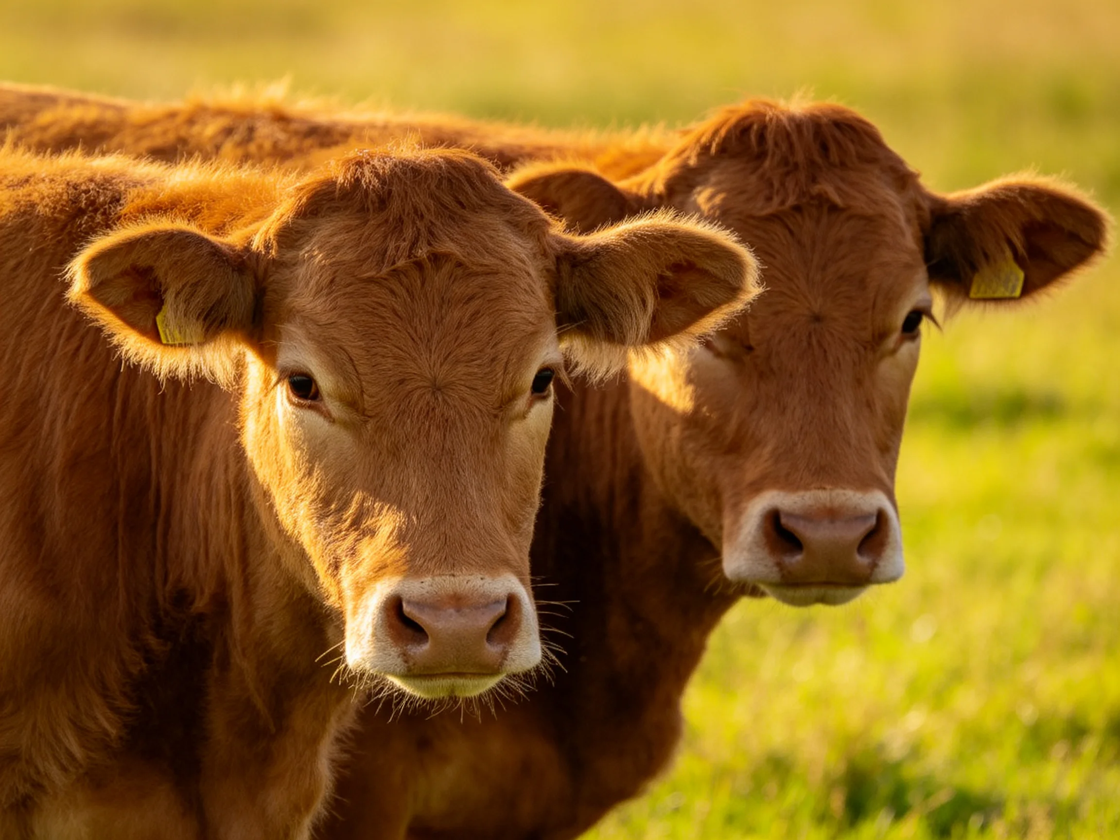 Two reddish-brown calves stand close together in a sunlit meadow