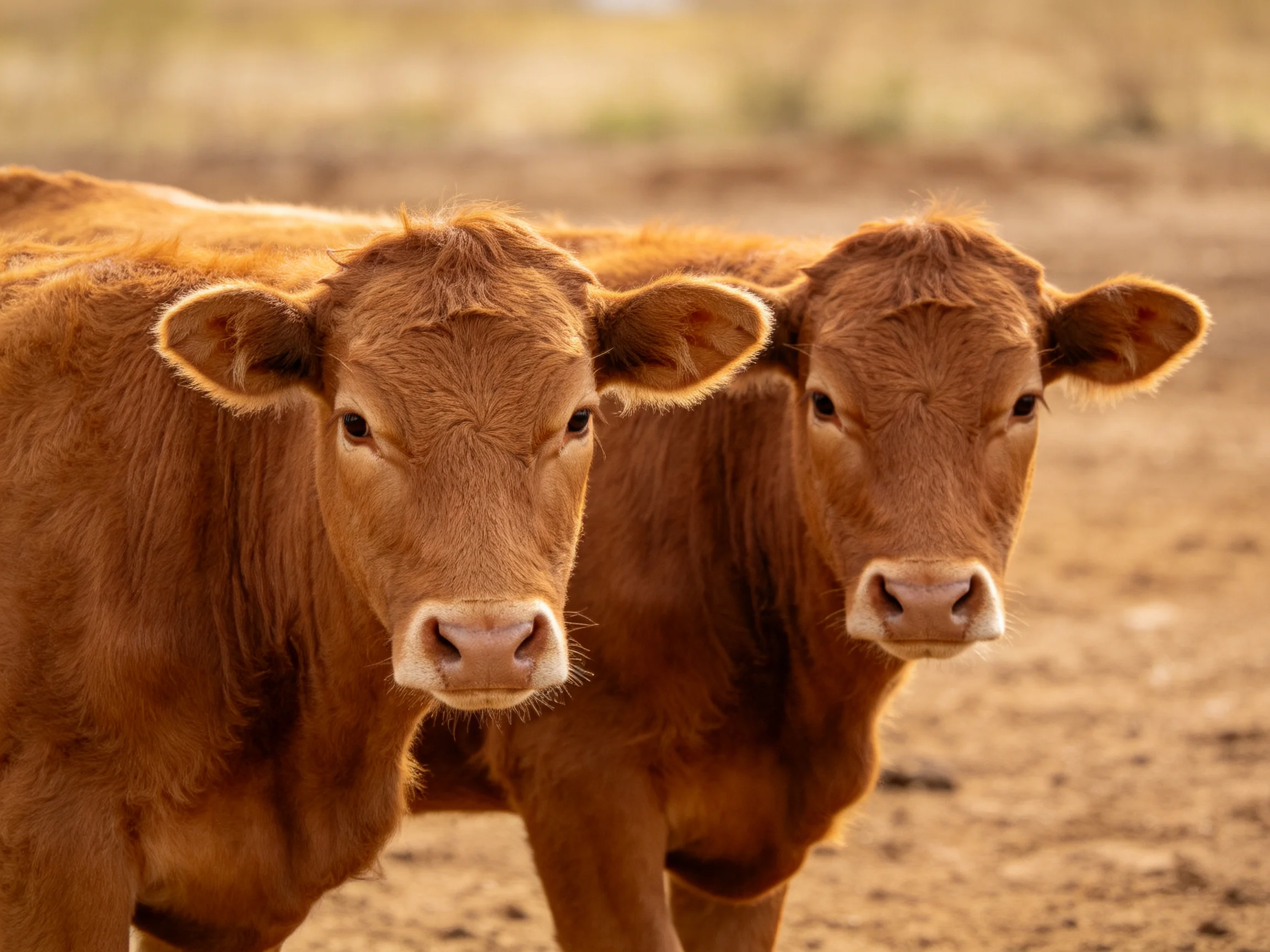 Two reddish-brown calves stand closely together in a sunlit field