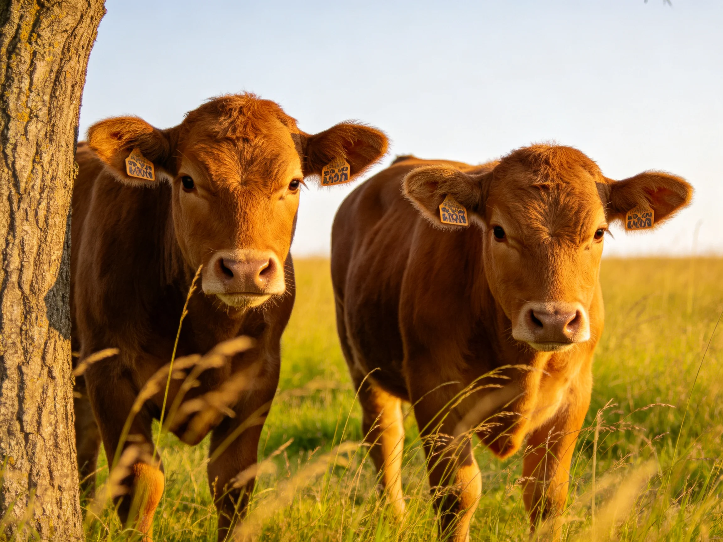 Two reddish - brown calves stand near a tree in a sunlit meadow