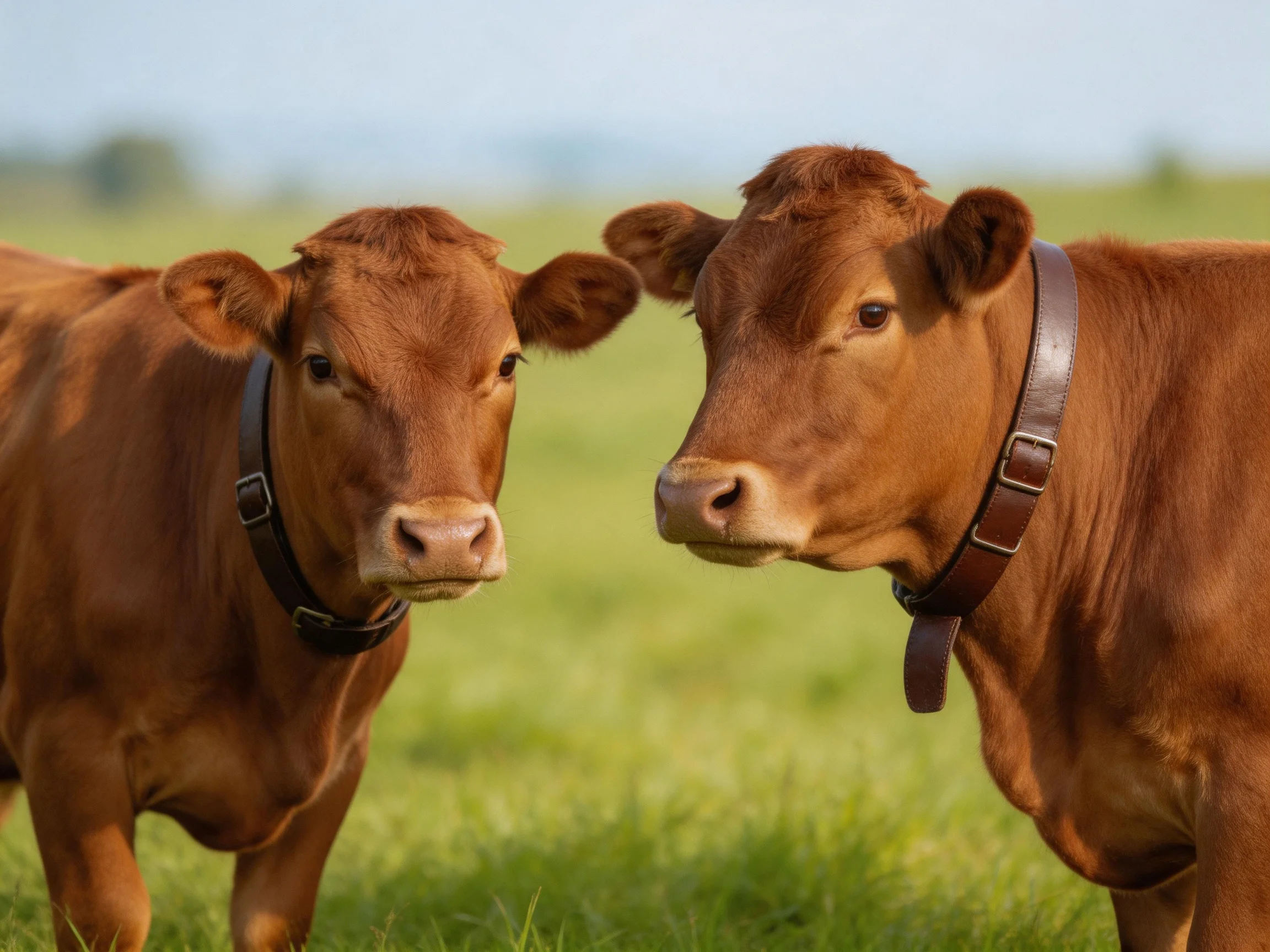 Two reddish-brown calves with leather collars in a green pasture