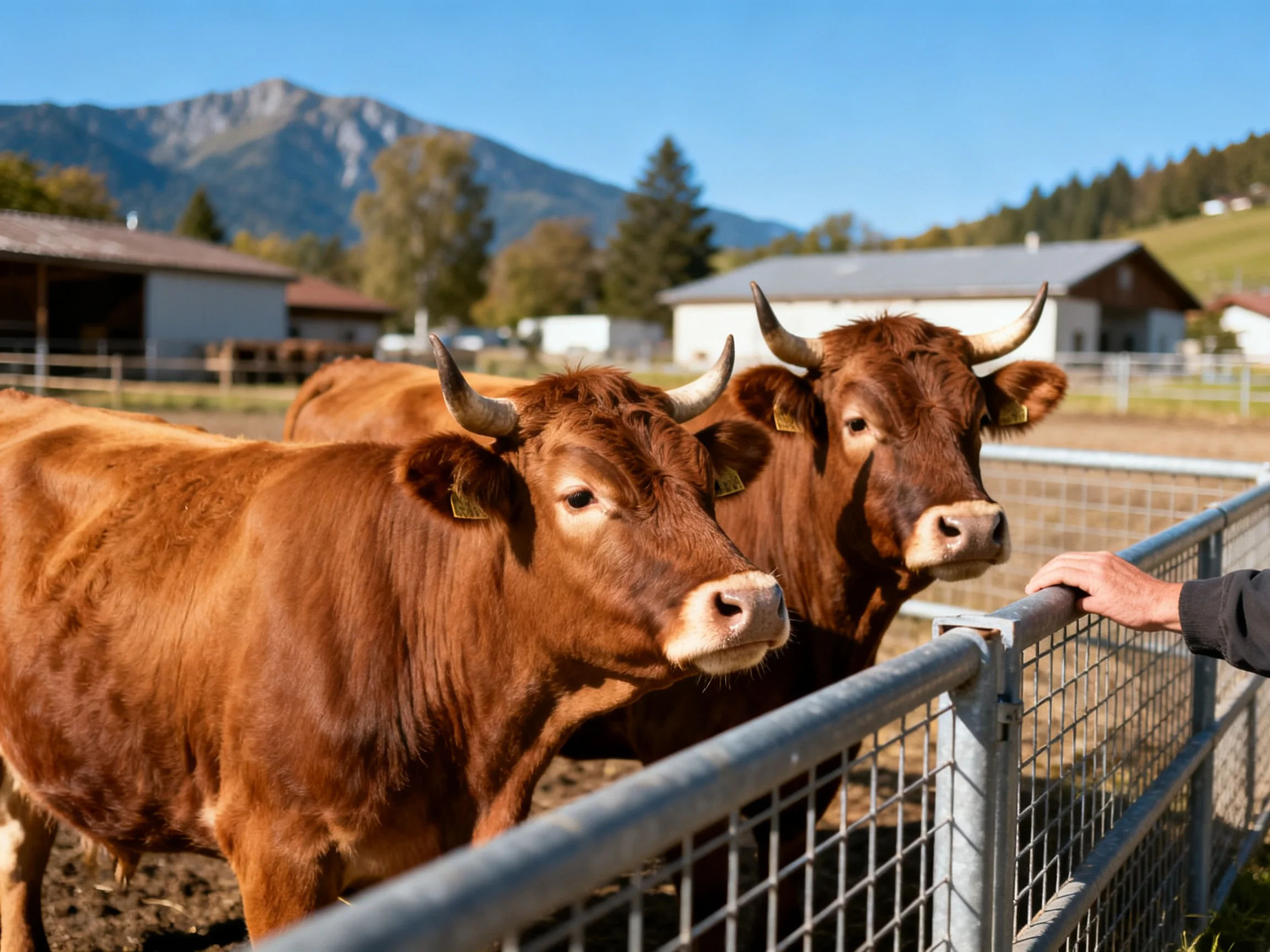 Two reddish-brown cattle near a metal fence with a human hand