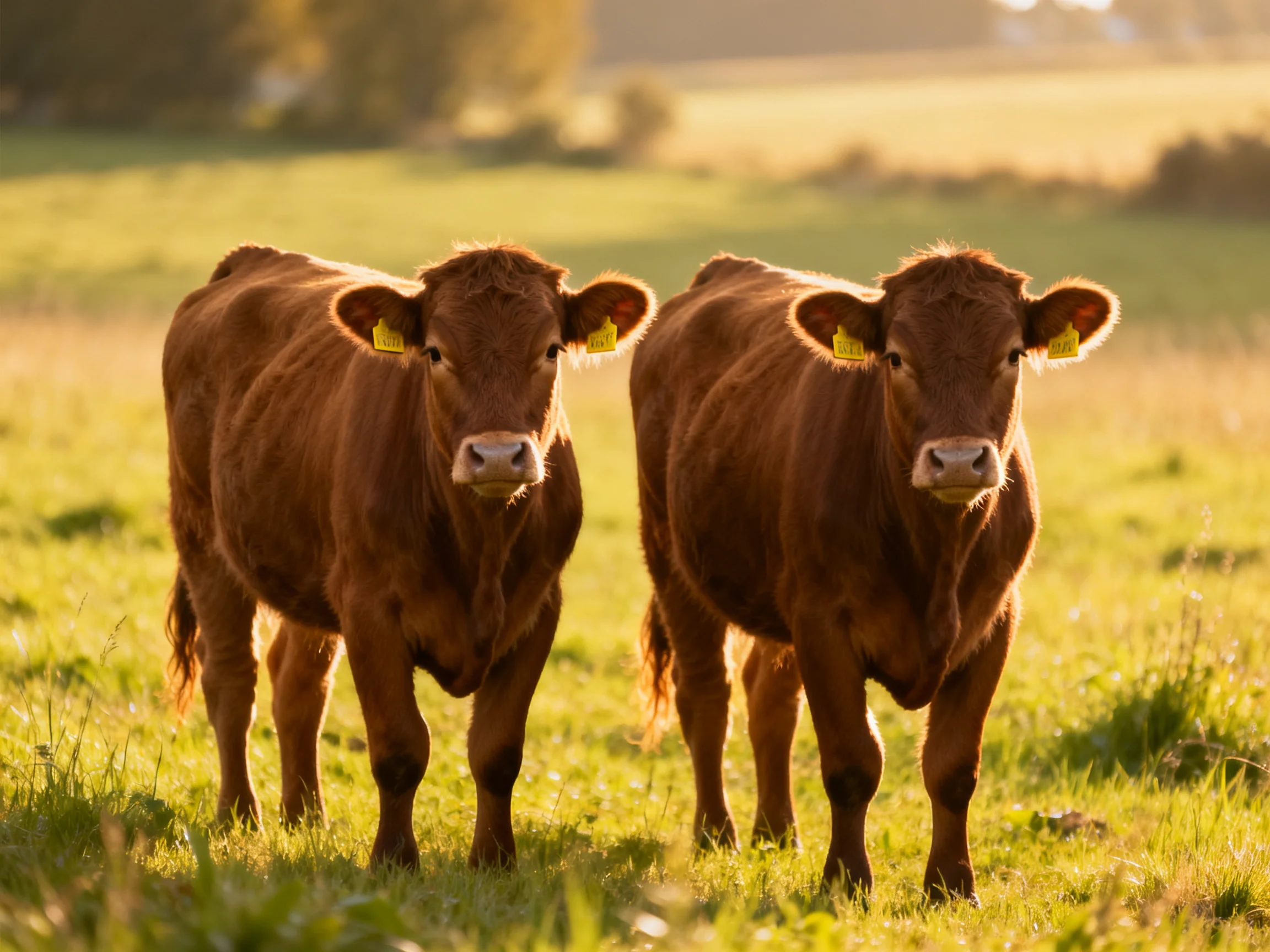 Two reddish-brown cows in a sun-drenched grassy field
