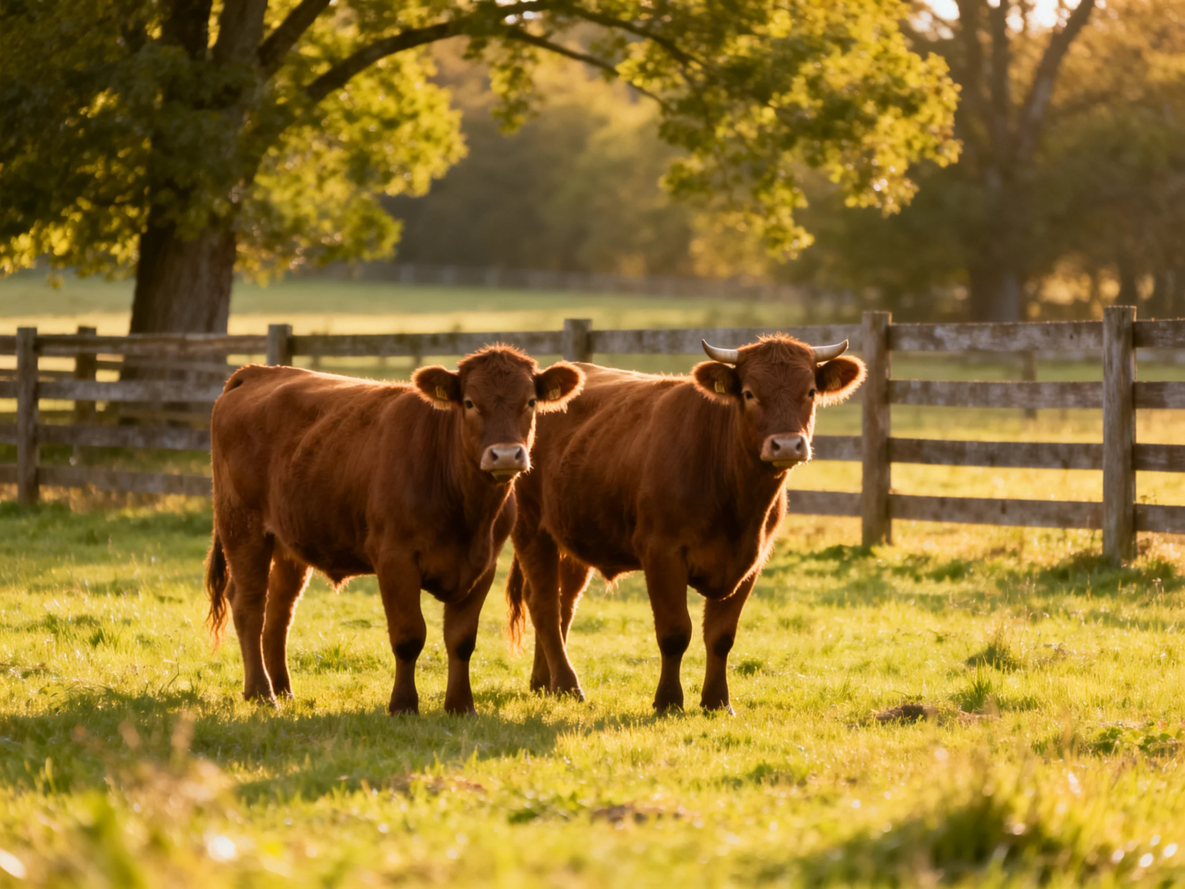 Two reddish - brown cows in a sunlit grassy pasture by a wooden fence