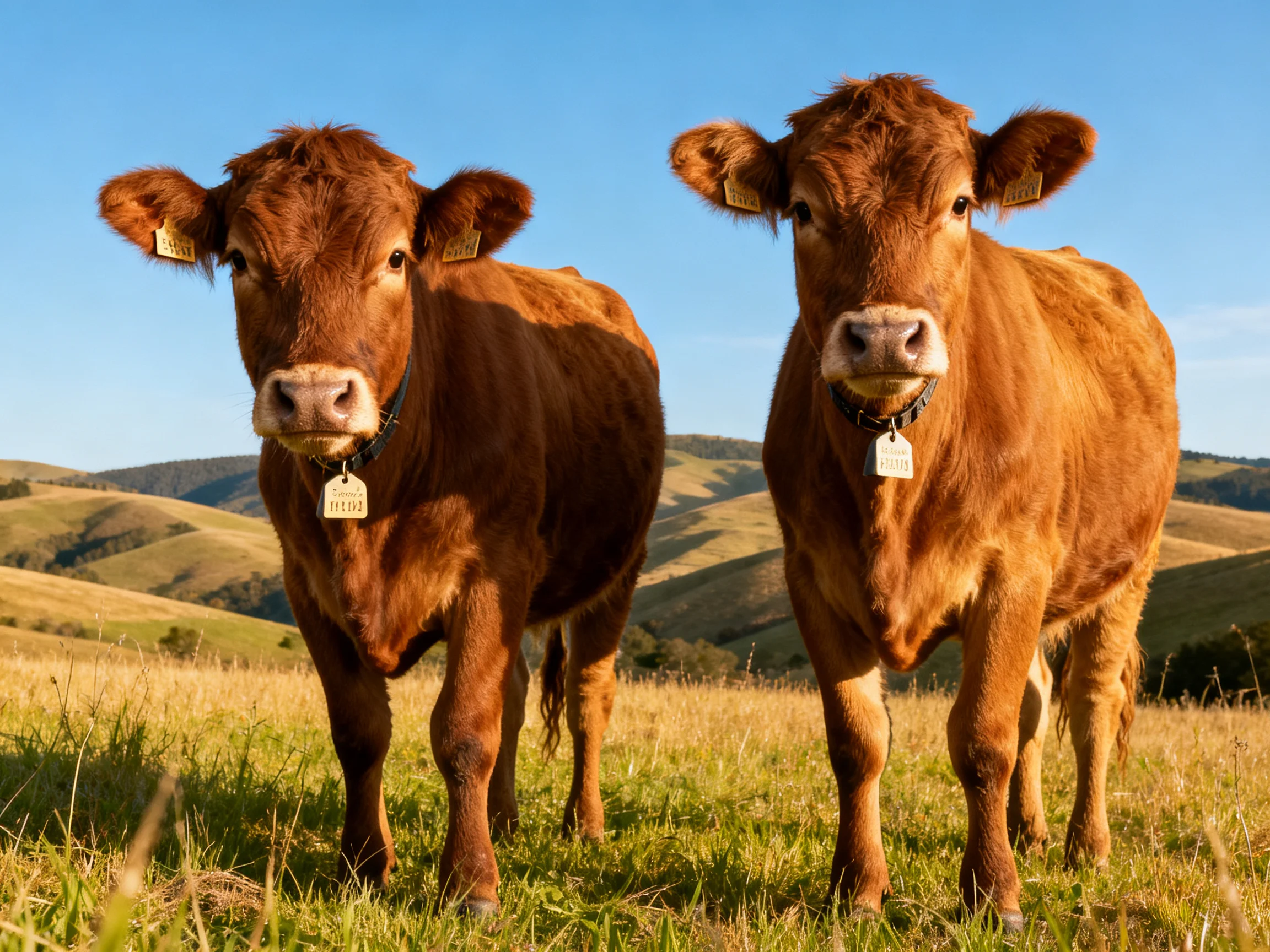 Two reddish - brown cows in a sunlit hilly meadow