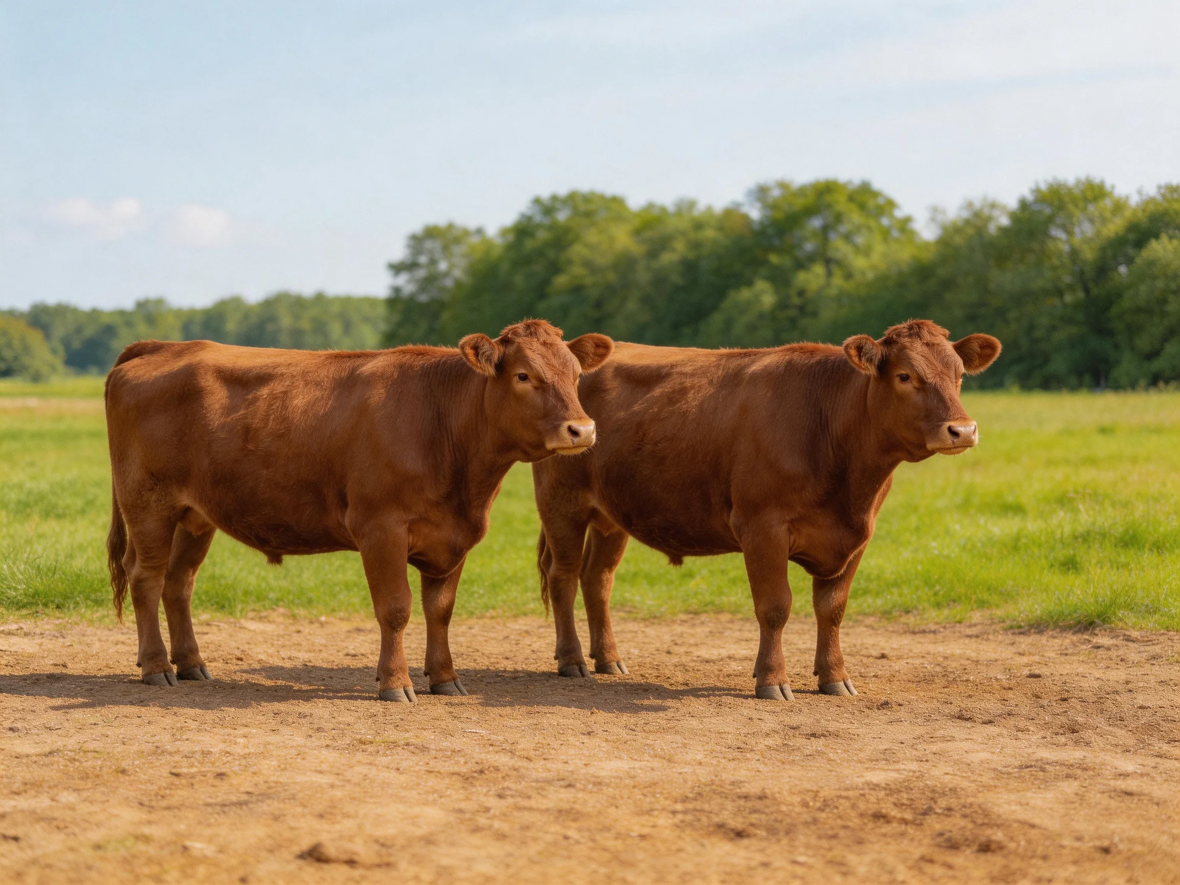 Two brown cows stand together in a sunlit pasture with greenery nearby.