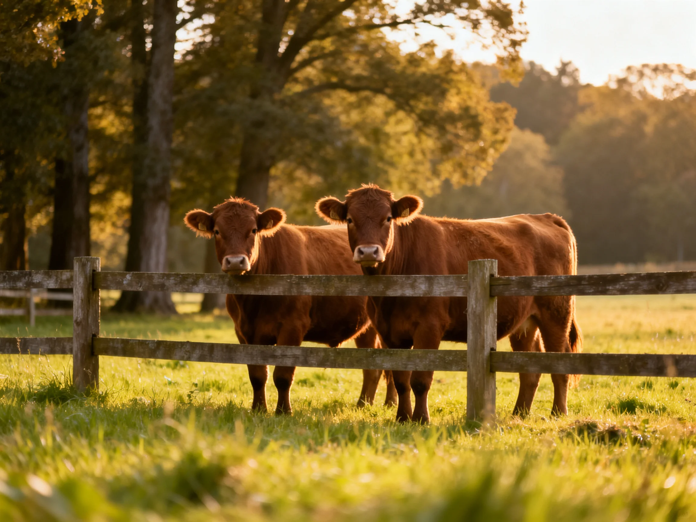 Two reddish-brown cows stand near a wooden fence in a sunlit area.
