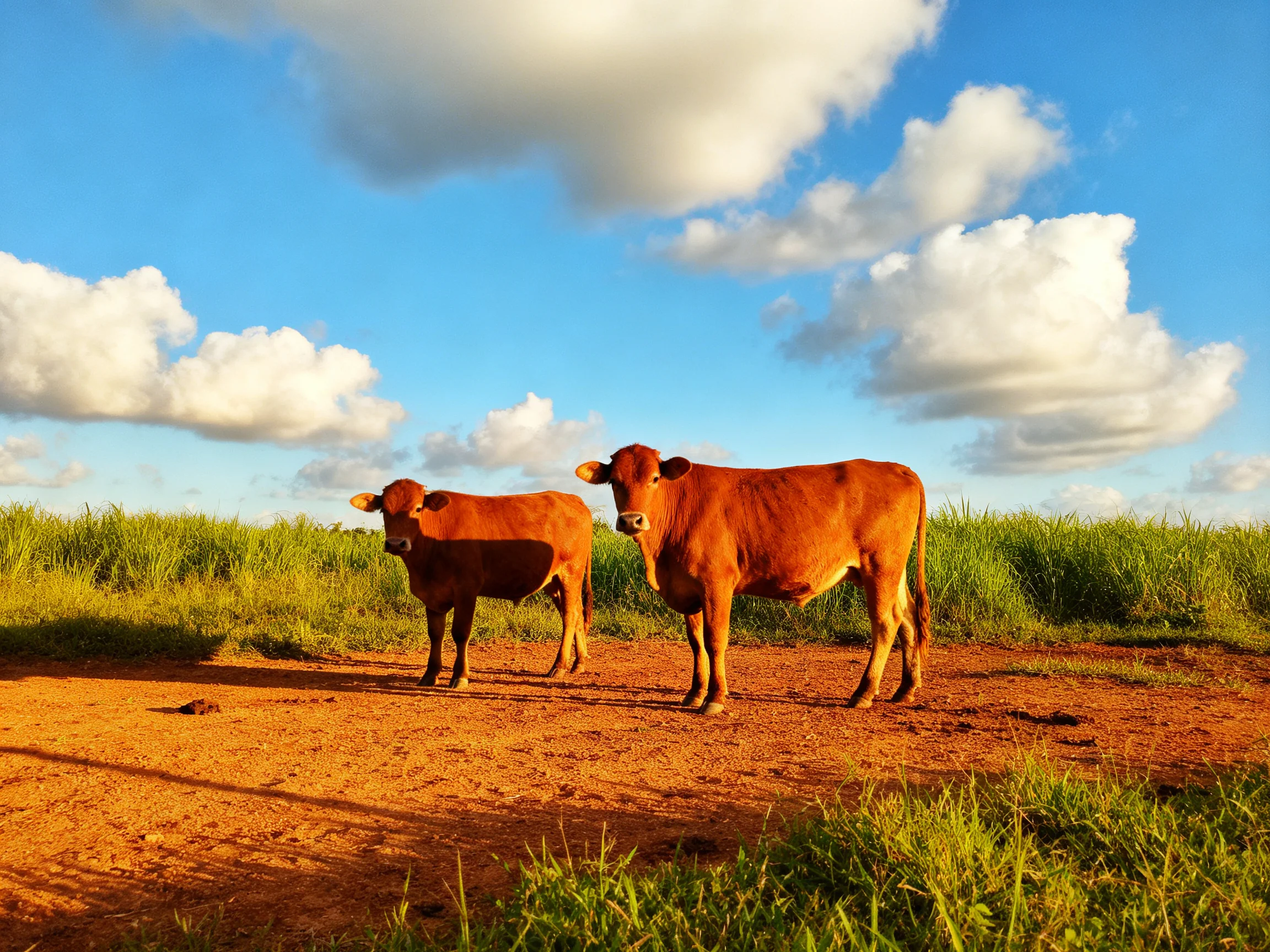 Two reddish-brown cows on a dusty path beside lush greenery under a bright blue sky