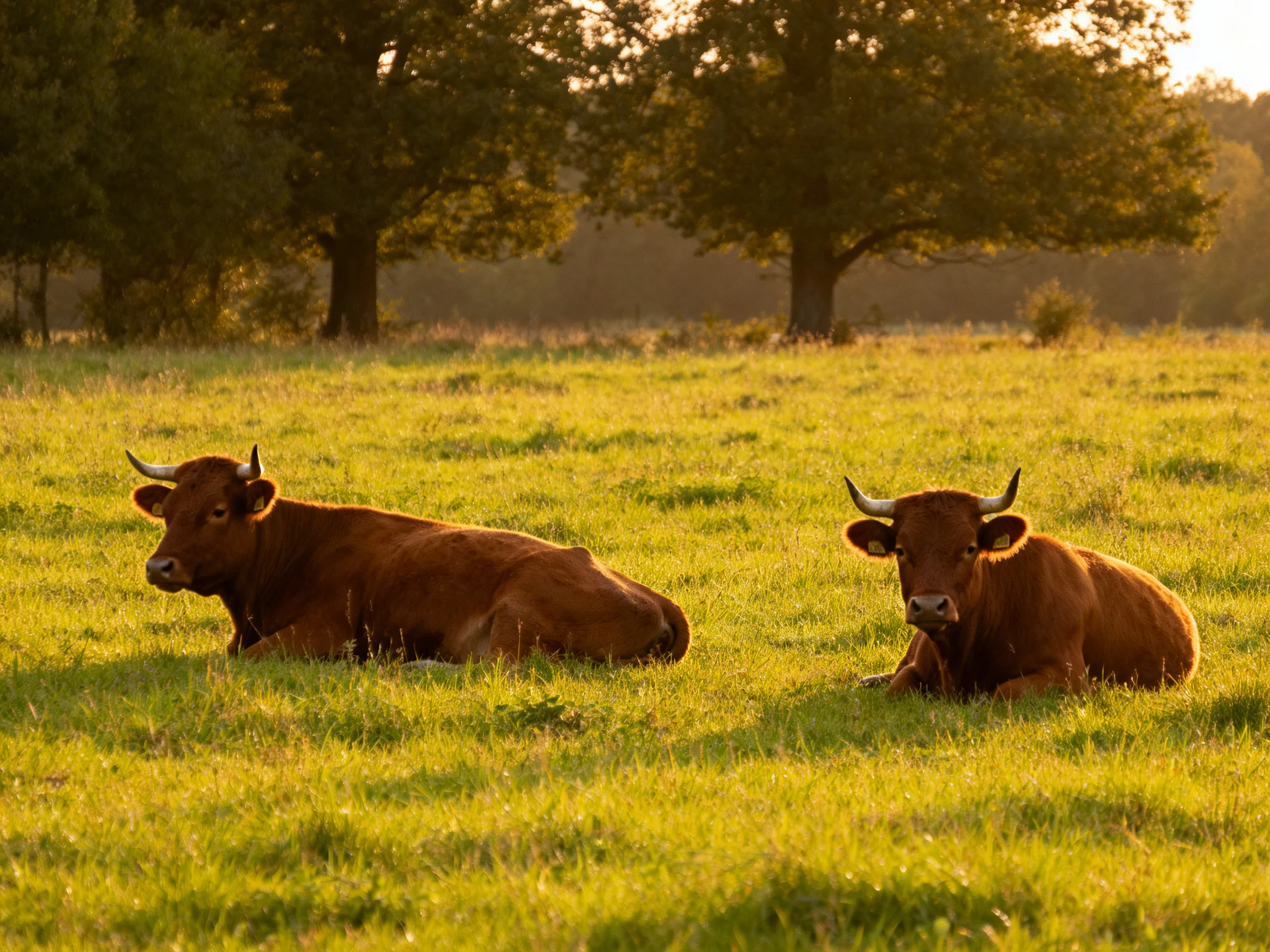 Two reddish-brown cows rest in a sunlit green meadow near large trees