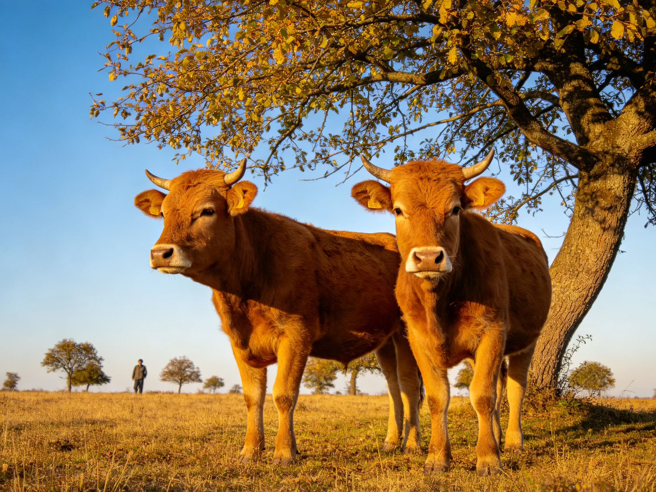 Two reddish - brown cows stand beside a large tree in a sunlit field
