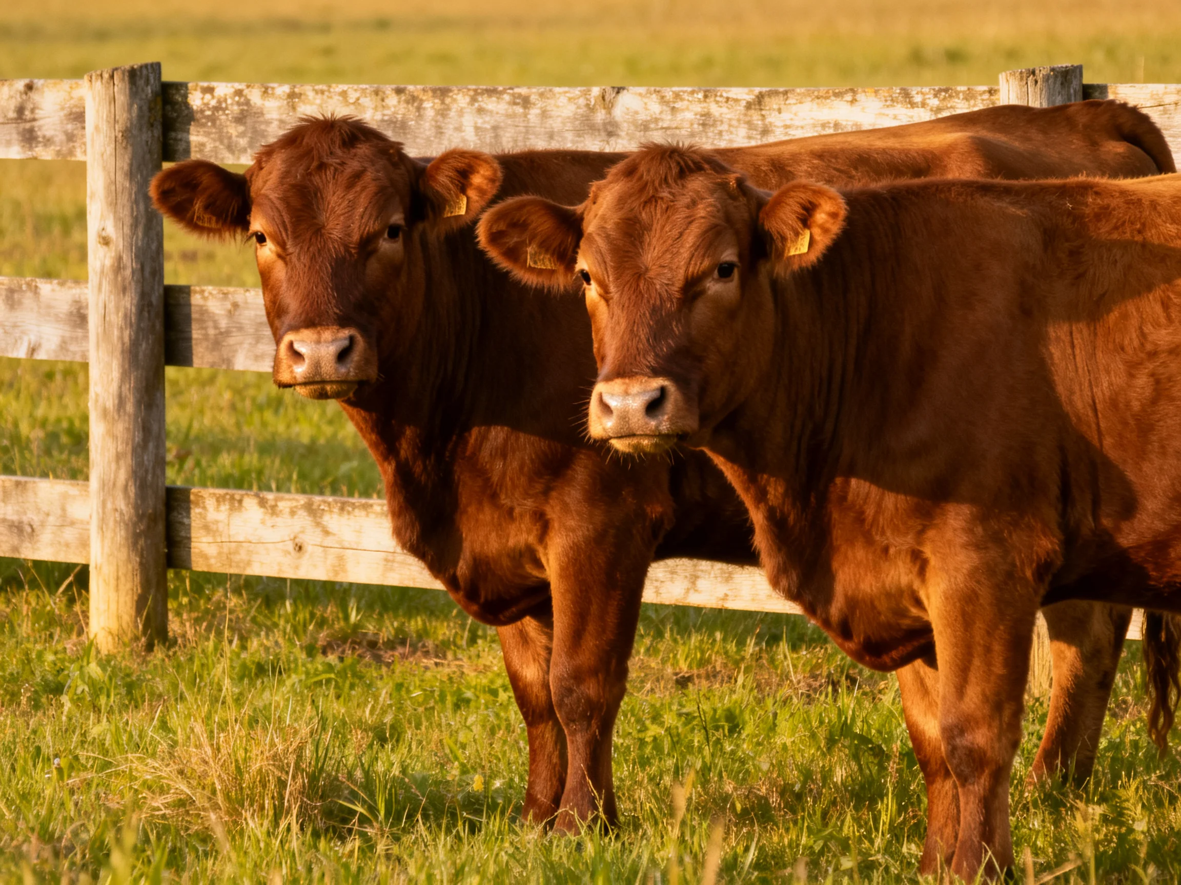 Two reddish - brown cows stand by a weathered wooden fence in a grassy field