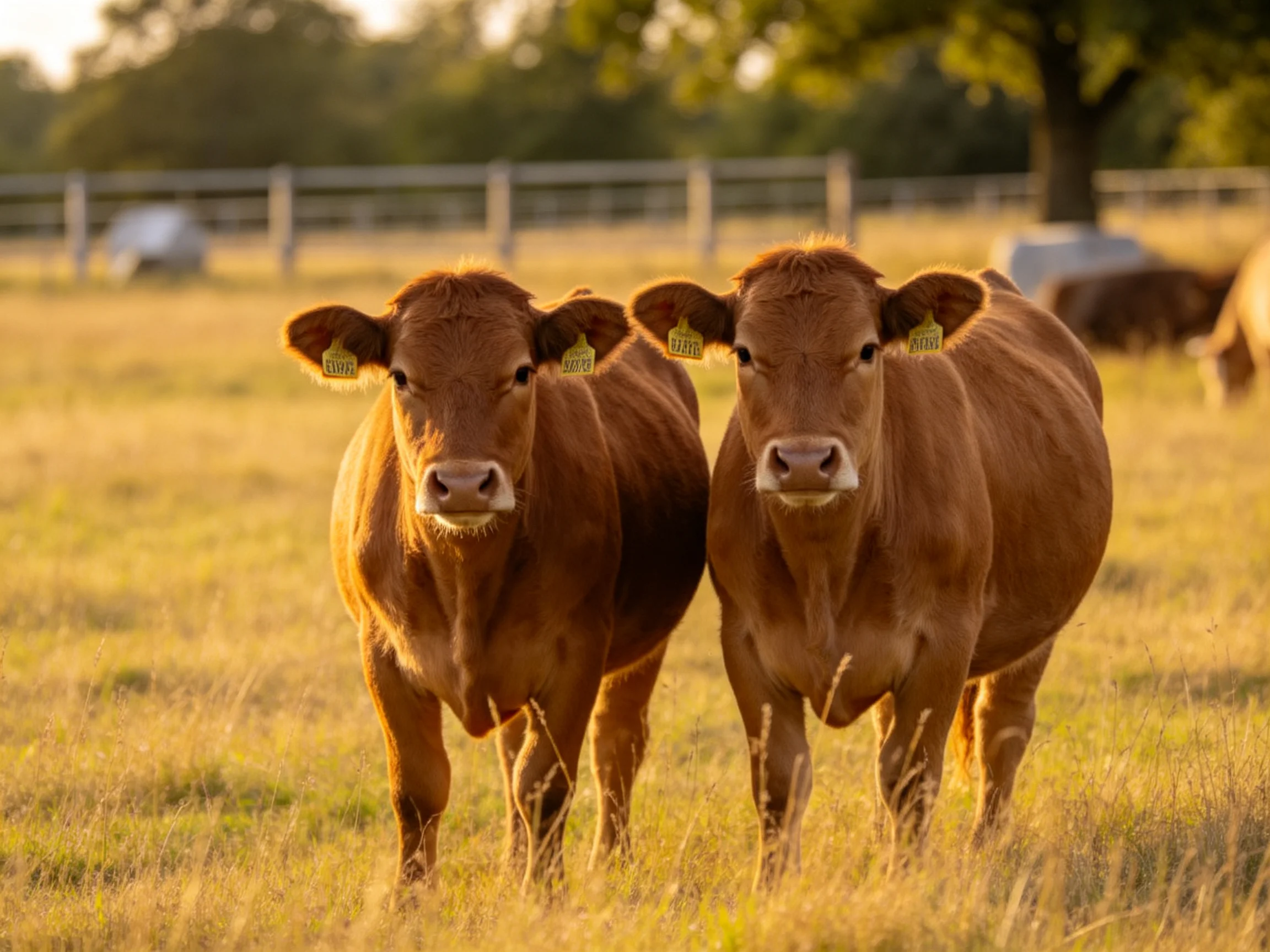 Two reddish-brown cows stand close together in a golden field